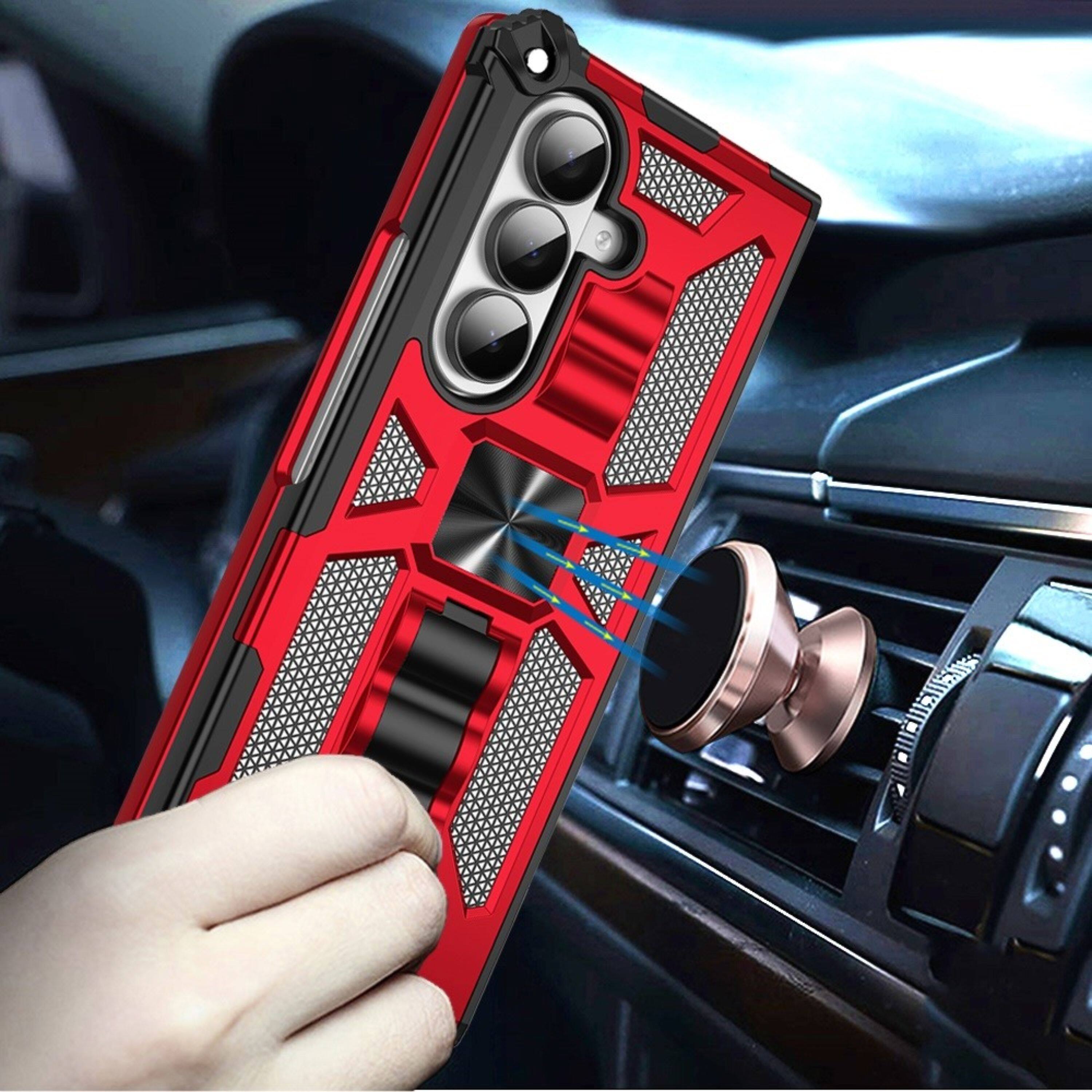 Left. Kitcheniva - Shockproof Case With Stand Metal Plate Tempered Glass For Samsung Galaxy Z Fold7 Red - Red.