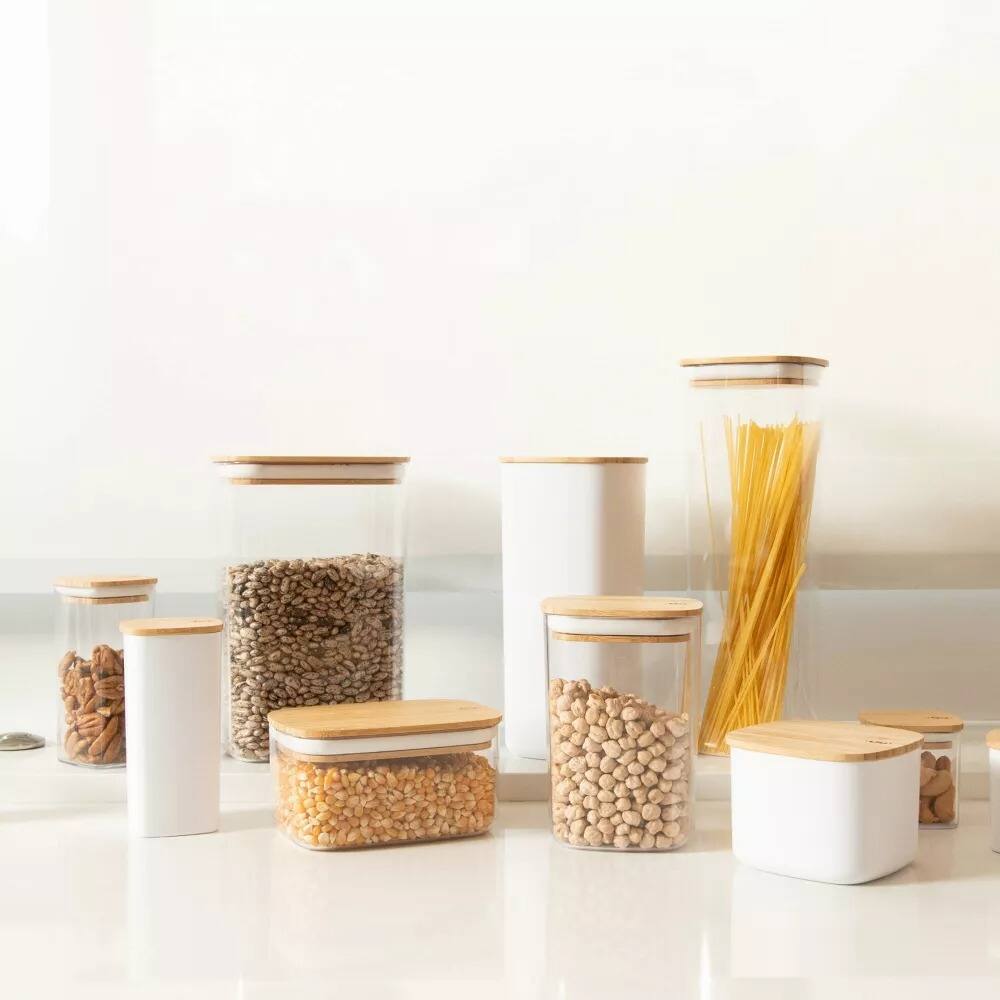 Left. OU - OU Food Storage Container Set 16pc (set of 8) Airtight Bamboo Lid Kitchen Pantry Organizer Jar - Clear.