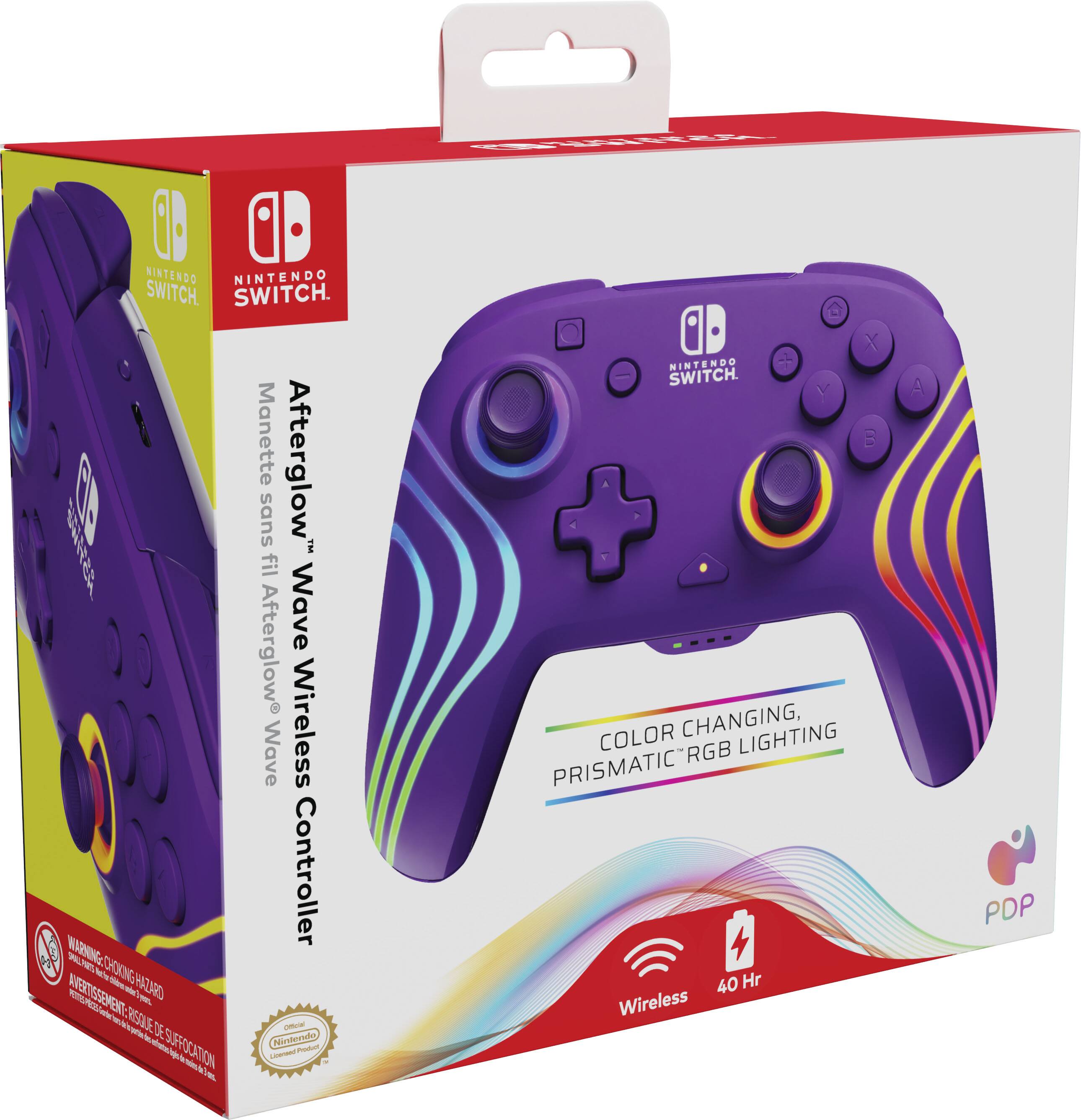 The image features a box containing a Nintendo Switch controller. The controller is purple and has a color-changing, prismatic RGB lighting. It is a wireless controller with a 40-hour battery life. The box also includes a warning about suffocation hazards.