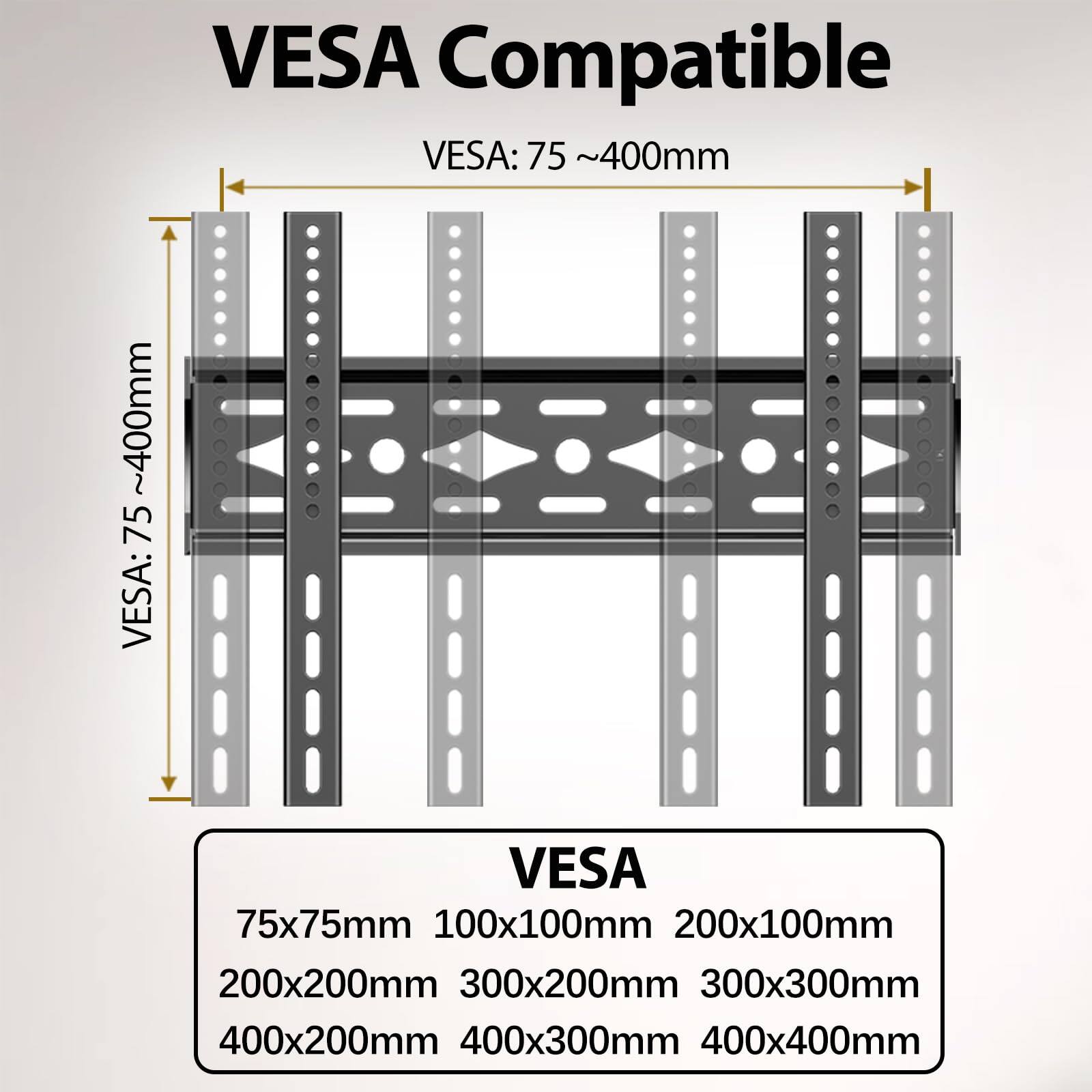 VESA Compatible  
VESA: 75 ~ 400mm  
VESA: 75x75mm 100x100mm 200x100mm 200x200mm 300x200mm 300x300mm 400x200mm 400x300mm 400x400mm