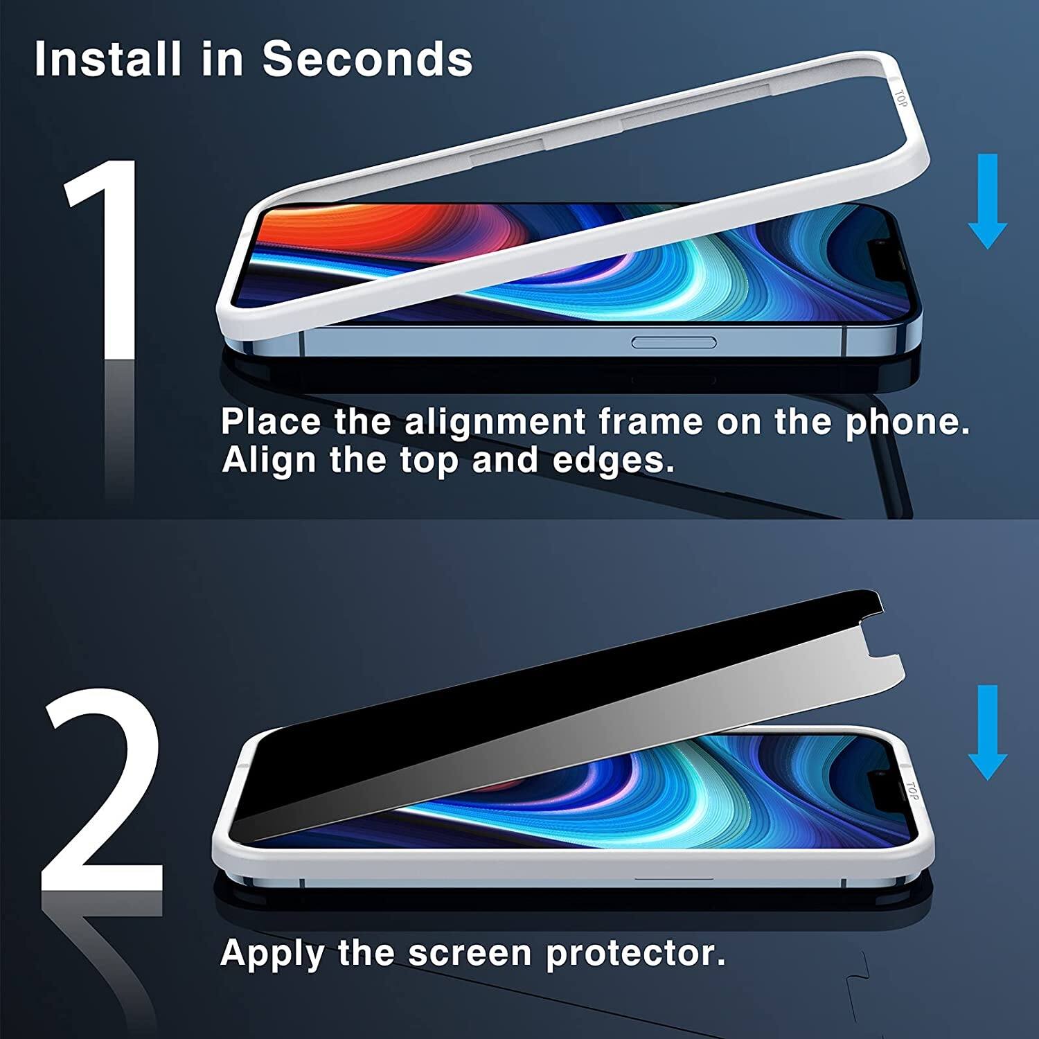 Install in Seconds:
1. Place the alignment frame on the phone. Align the top and edges.
2. Apply the screen protector.