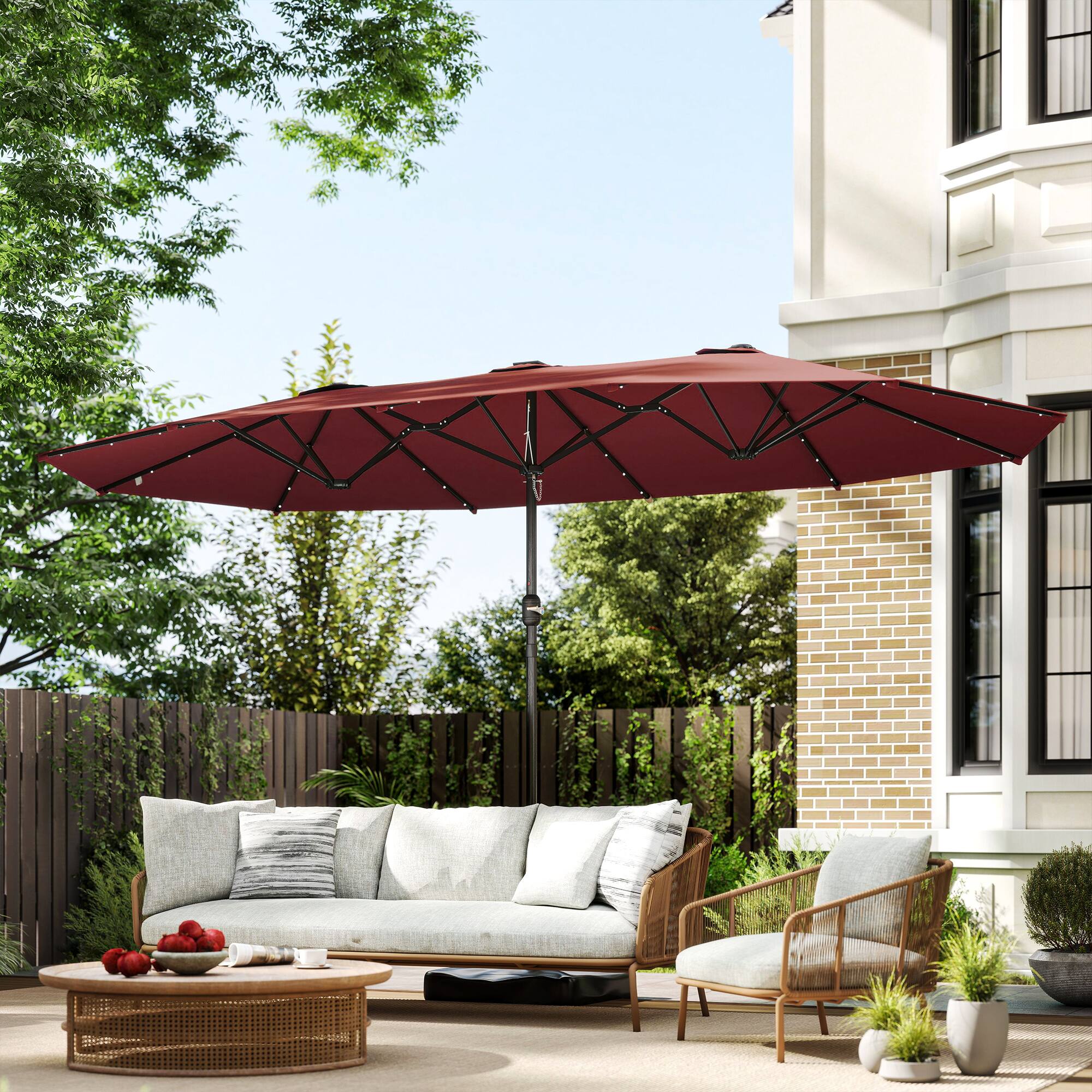 Alt View 7. Outsunny - Parasol 14.4ft Double-Sided Sun Umbrella with Base, Patio Parasol with LED Solar Lights - Wine Red.