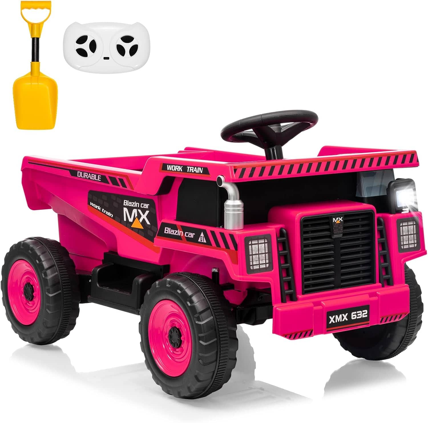 Jojoka - 12V Kids Ride On Dump Truck with Remote, Electric Dump Bed, Shovel, Music, LED Lights & Suspension - Red