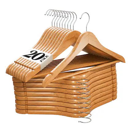 Front. Home It - 20 Wooden Hangers - Natural Wood Durable Heavy Duty Coat Hangers - Premium Solid Clothes Hangers with Chrome Swivel Hook - Natural.