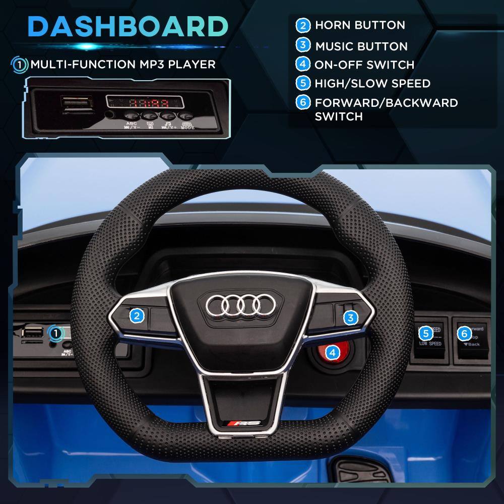 DASHBOARD

1. MULTI-FUNCTION MP3 PLAYER
2. HORN BUTTON
3. MUSIC BUTTON
4. ON-OFF SWITCH
5. HIGH/SLOW SPEED
6. FORWARD/BACKWARD SWITCH