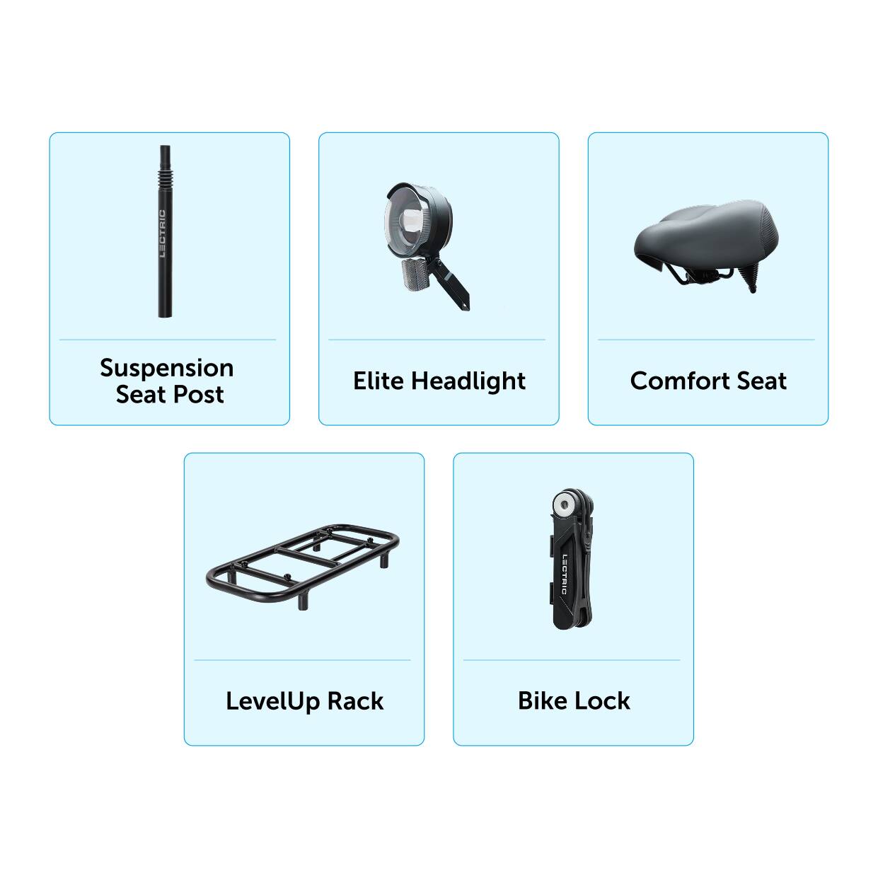 CSCTRIC Suspension Seat Post, Elite Headlight, Comfort Seat, LECTRIG LevelUp Rack, Bike Lock
