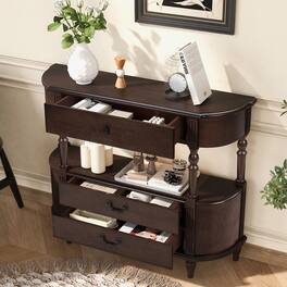 GOODSILO - Retro Curved Wood Console Table with Drawers and Storage Shelf for Living Room and Hallway Entryway - Espresso