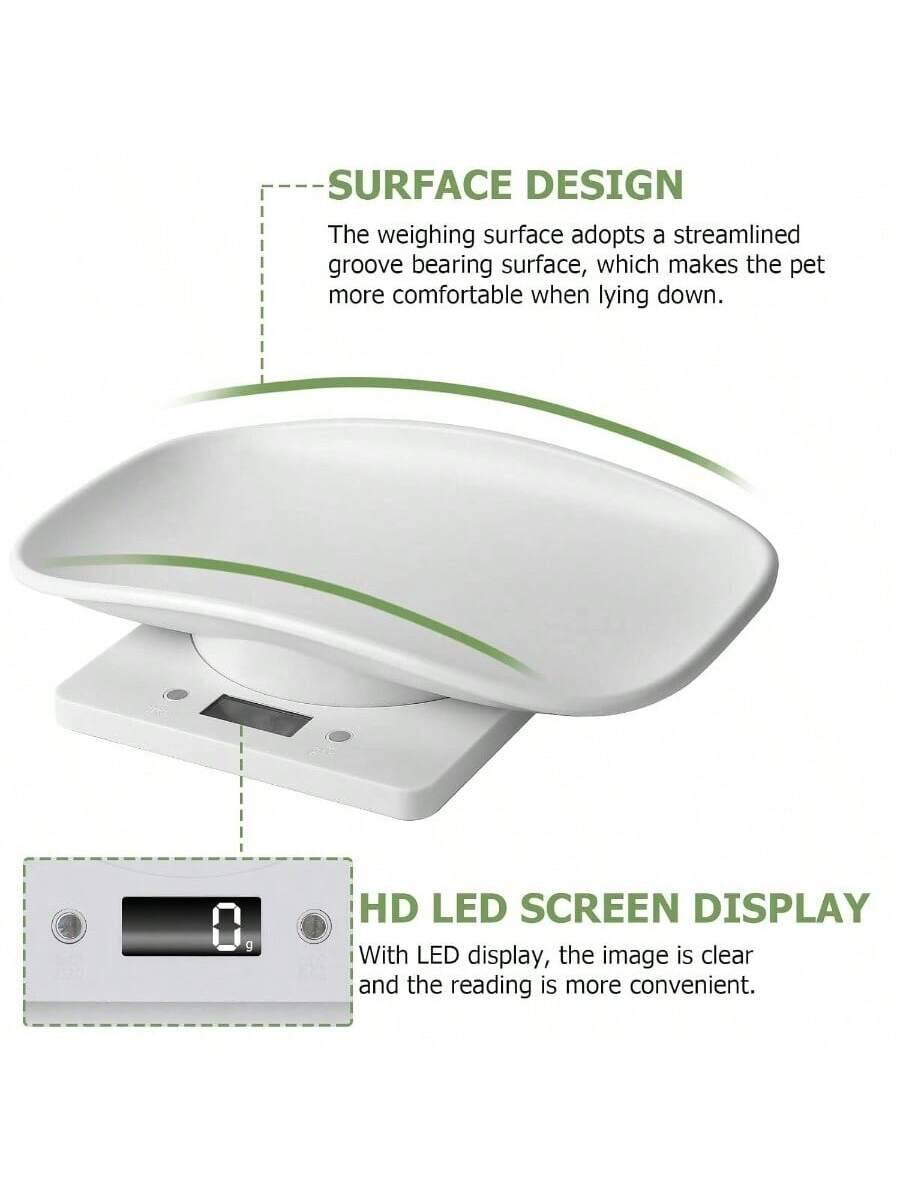 SURFACE DESIGN  
The weighing surface adopts a streamlined groove bearing surface, which makes the pet more comfortable when lying down.

HD LED SCREEN DISPLAY  
With LED display, the image is clear and the reading is more convenient.