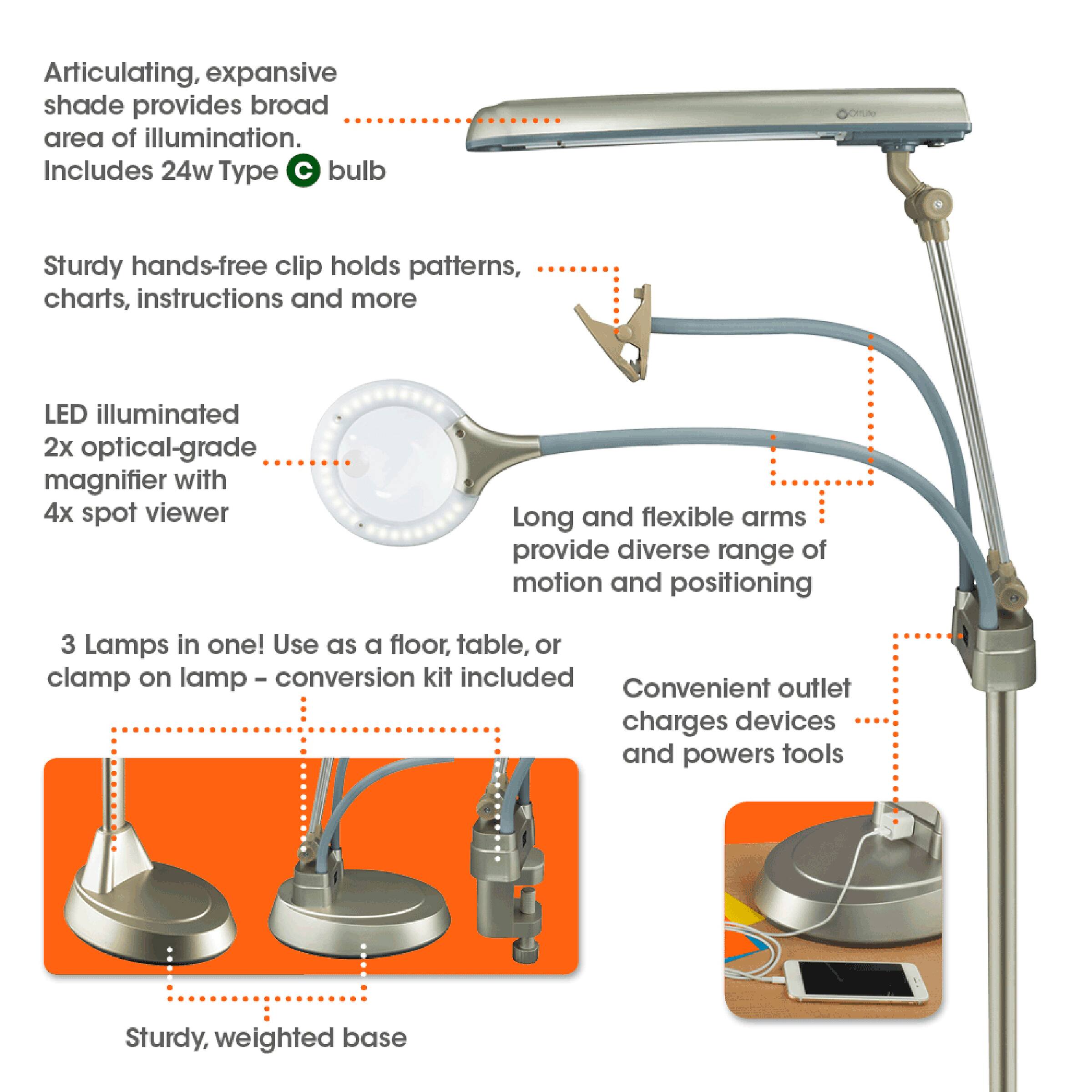 The image features a lamp with a detailed diagram showing its various components and functions. The lamp is described as having an articulating, expansive shade that provides broad area of illumination. It includes a 24w Type bulb, a sturdy hands-free clip that holds patterns, charts, instructions, and more. The lamp also has a LED illuminated 2x optical-grade magnifier with 4x spot viewer, which allows for long and flexible arms providing a diverse range of motion and positioning. Additionally, the lamp has a 3 Lamps in one feature, which can be used as a floor, table, or clamp on lamp. A conversion kit is also included, allowing for convenient outlet charging of devices and powering of tools. The lamp has a sturdy, weighted base for stability.