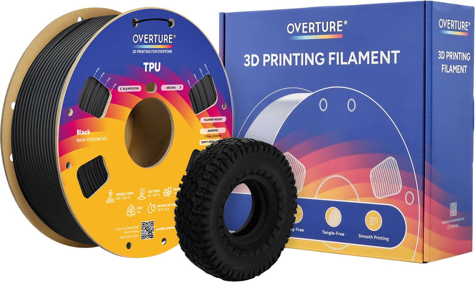 OVERTURE 3D PRINTING FOR EVERYONE  
TPU OVERTURE 3D PRINTING FILAMENT  
OVERTURE 3D PRINTING FILAMENT  
PLA/PETG/TPU ABS/ASA  

Black  
Batch VC01CB0749  
FILAMENT WEIGHT 14g  
DIAMETER 1.75mm ±0.02mm  
EMPTY SPOOL  

NOZZLE TEMP. 210-230°C  
BED TEMP. 25-60°C  
FAN On  
DRYING SETTING 70°C/8h  

Scan to Download Print Profile and Instruction  
profile.overture  

Tangle-Free  
Smooth Printing