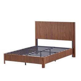 GOODSILO - Full Size Wooden Corrugated Curved Lines Bed Frame with No Box Spring Needed Finish - Walnut