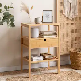 WELLFOR - Set of 2 Bamboo Nightstands with 2 Open Shelves and Drawer - Natural
