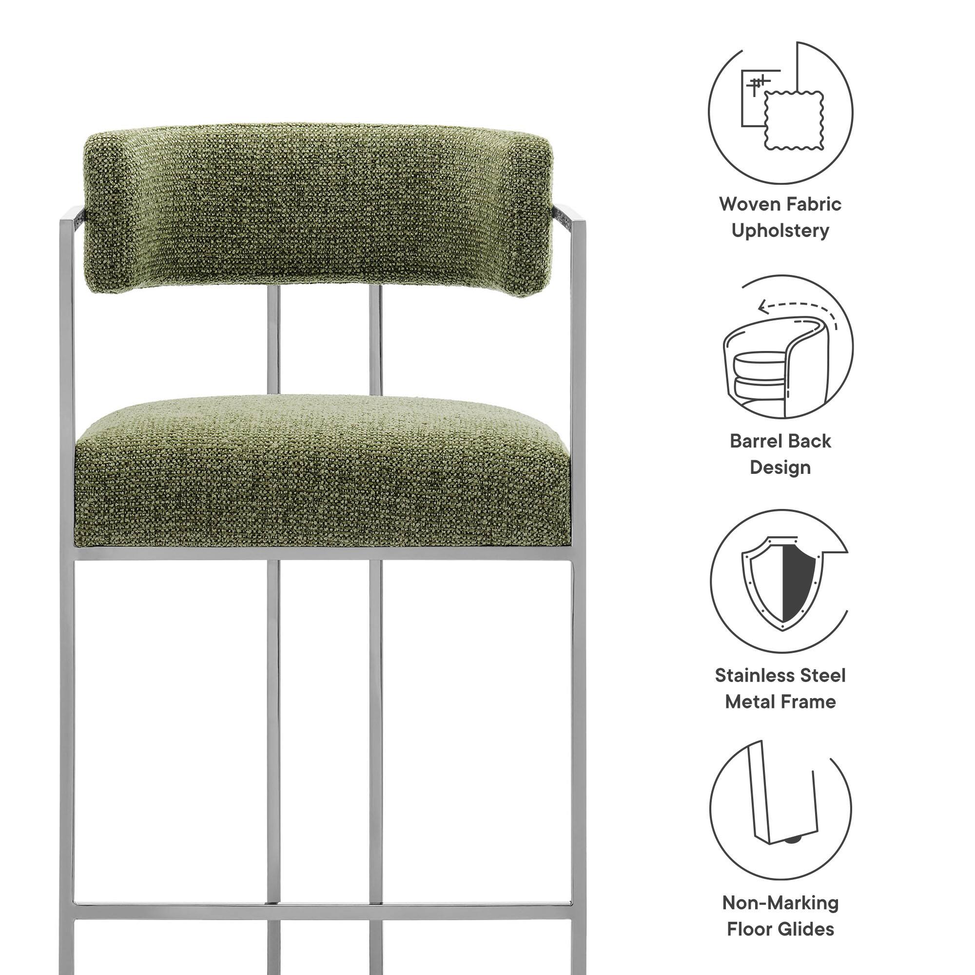 - Woven Fabric Upholstery
- Barrel Back Design
- Stainless Steel Metal Frame
- Non-Marking Floor Glides