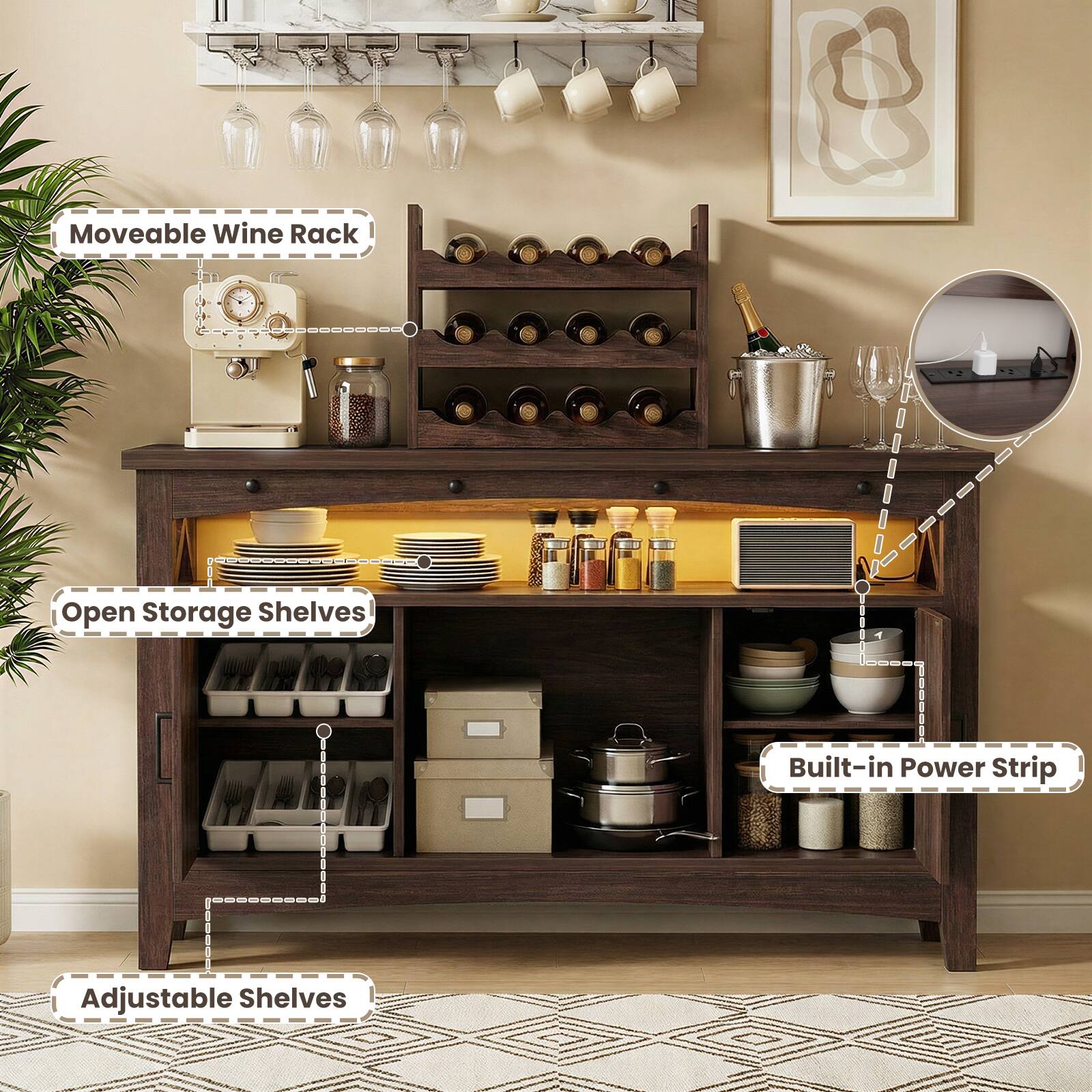 Moveable Wine Rack  
Open Storage Shelves  
Built-in Power Strip  
Adjustable Shelves