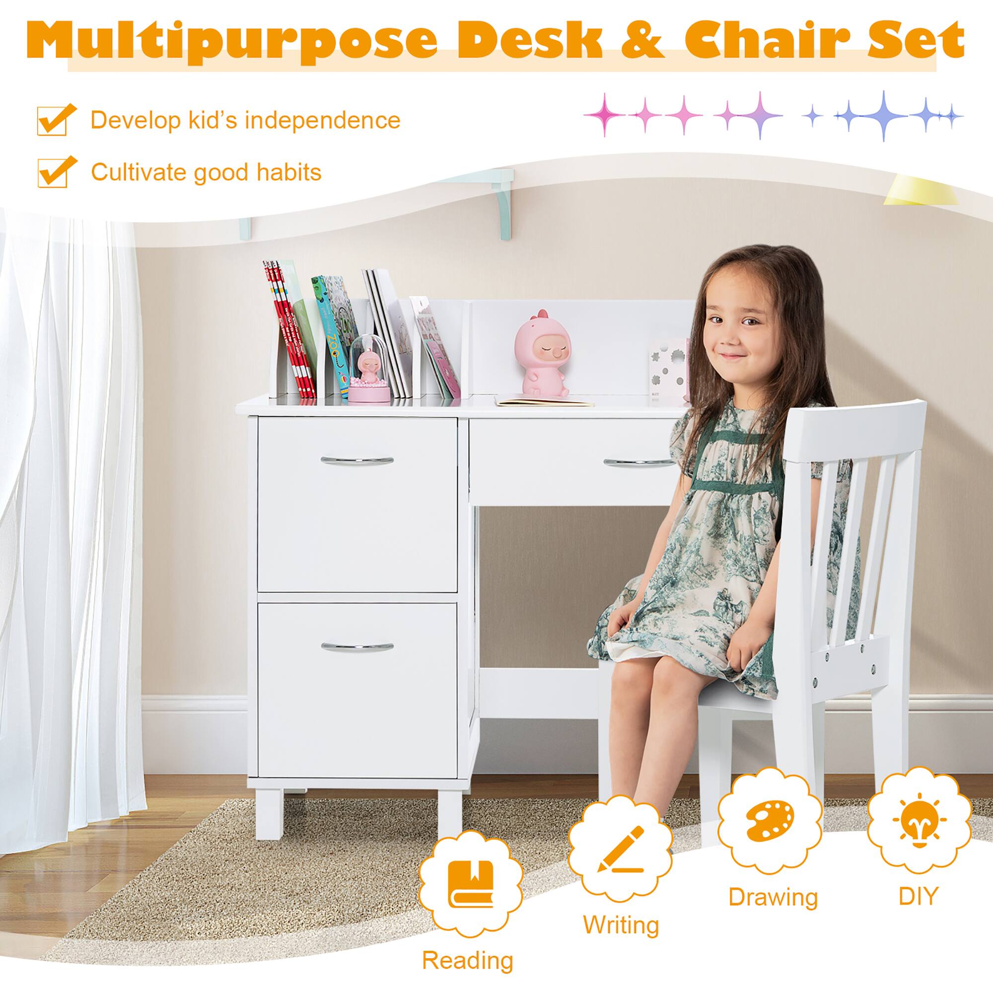 Multipurpose Desk & Chair Set

- Develop kid's independence
- Cultivate good habits

Reading
Writing
Drawing
DIY
