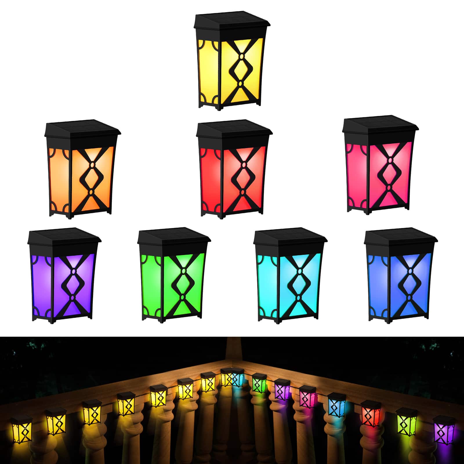 Oumilen - 8 Pack Solar Fence Lights, 2 Modes RGB Warm White Solar Deck Lights