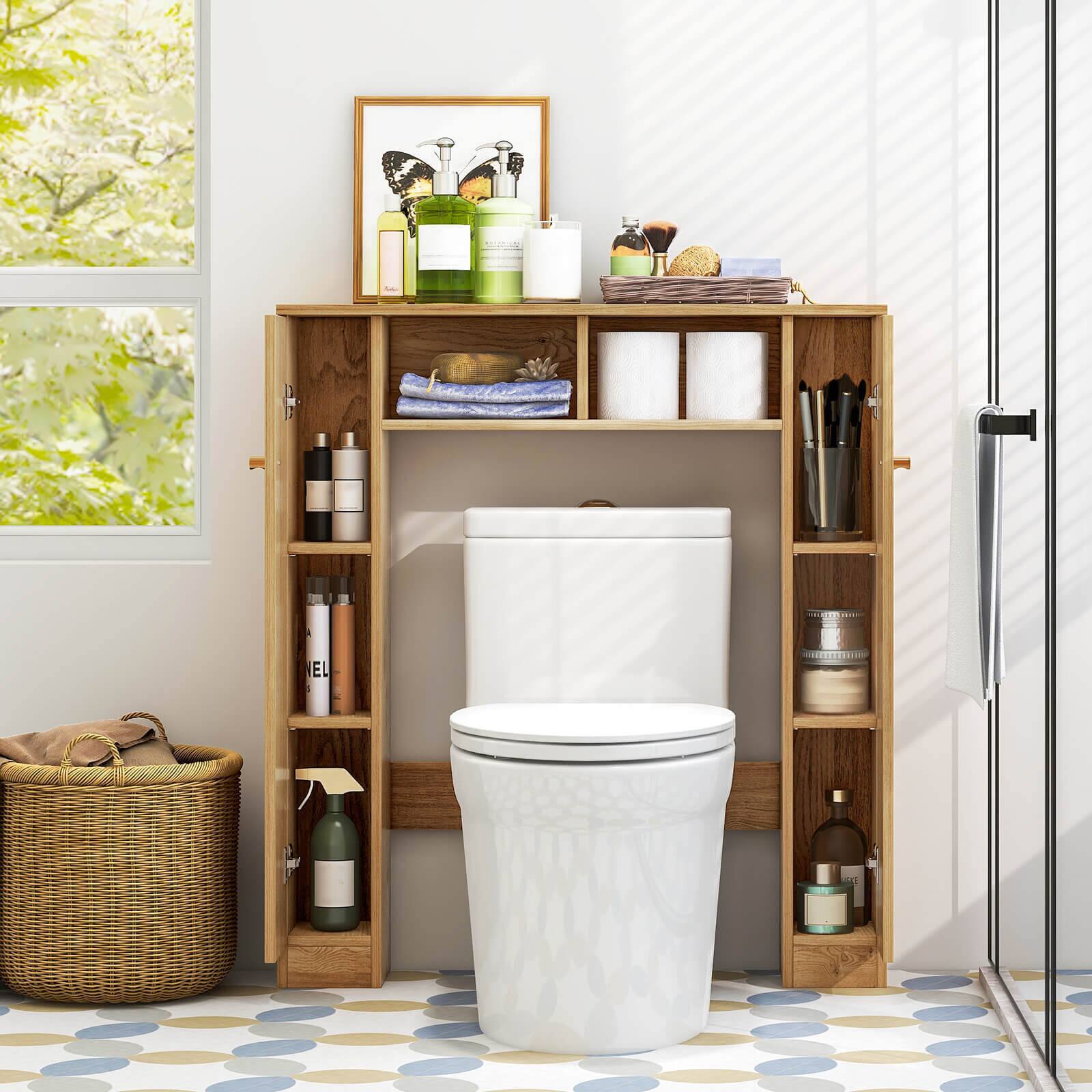 Angle. SlickBlue - Toilet Storage Cabinet with 4 Adjustable Shelves and 2 Open Compartments - Natural.