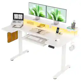 AODK - 55" U-Shaped Electric Height-Adjustable Standing Desk with Keyboard Tray,Power Outlets and LED Lights - White