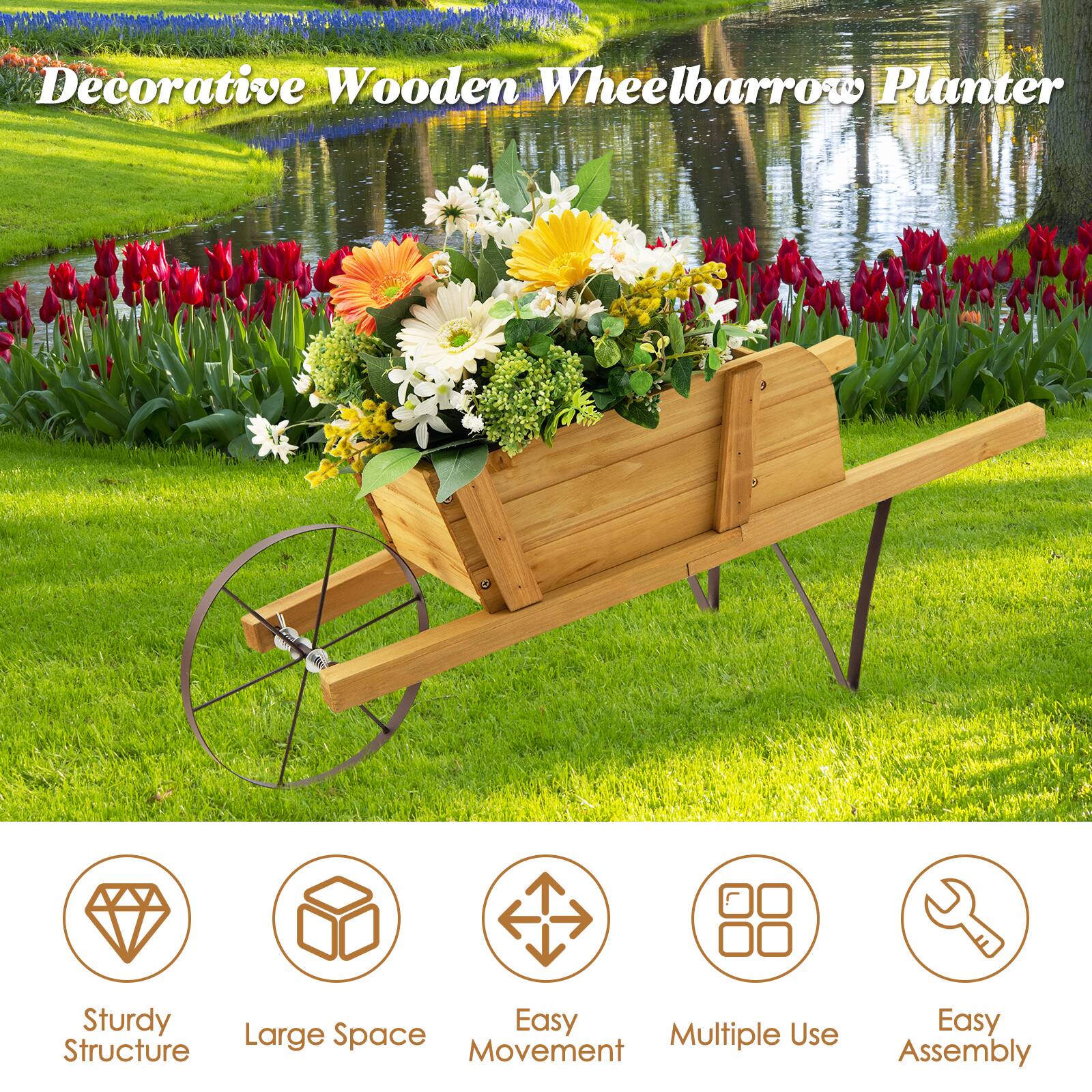 Decorative Wooden Wheelbarrow Planter: Sturdy, Easy Multiple Use, Structure, Large Space, Movement, Easy Assembly