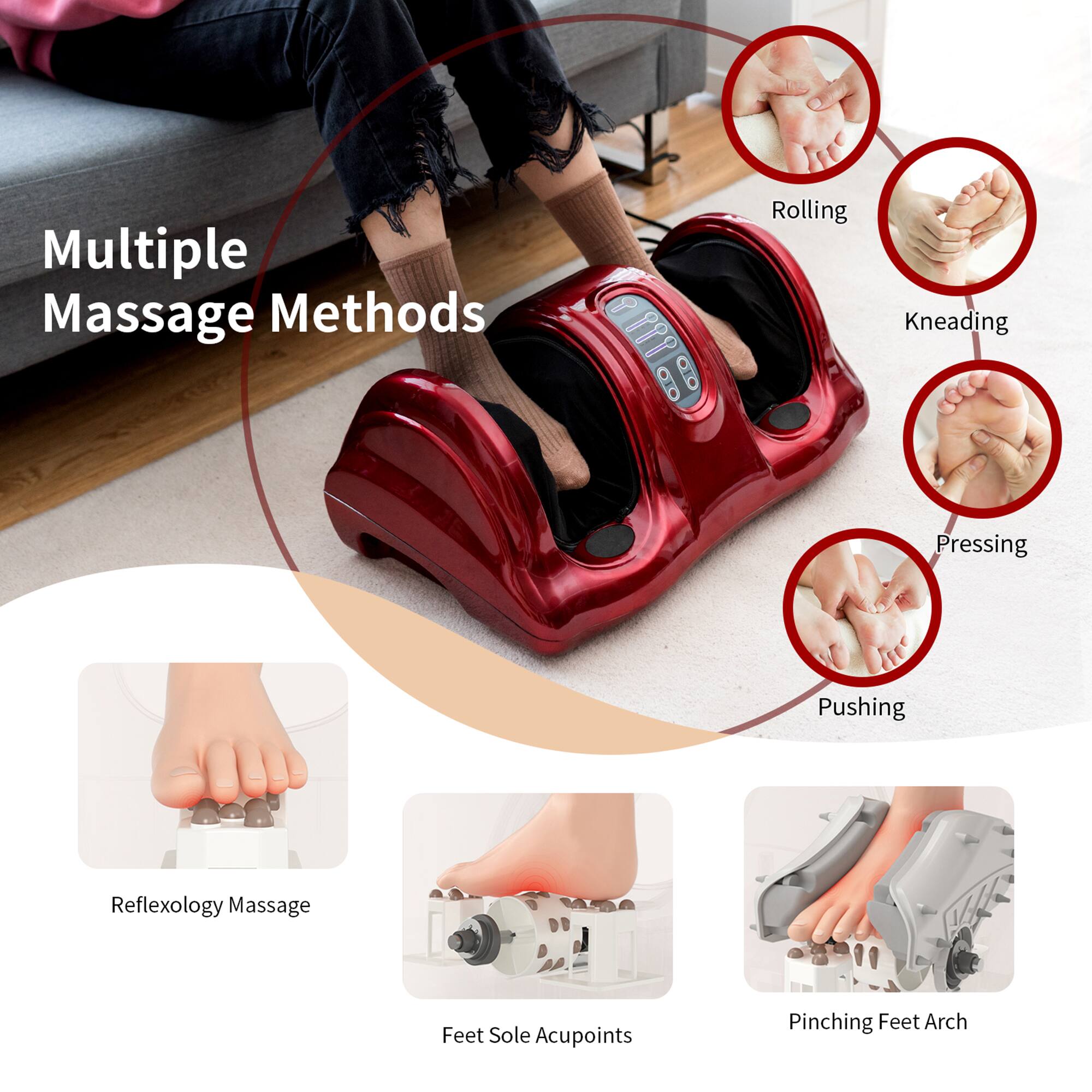 Multiple Massage Methods

- Rolling
- Kneading
- Pressing
- Pushing
- Reflexology Massage
- Feet Sole Acupoints
- Pinching Feet Arch