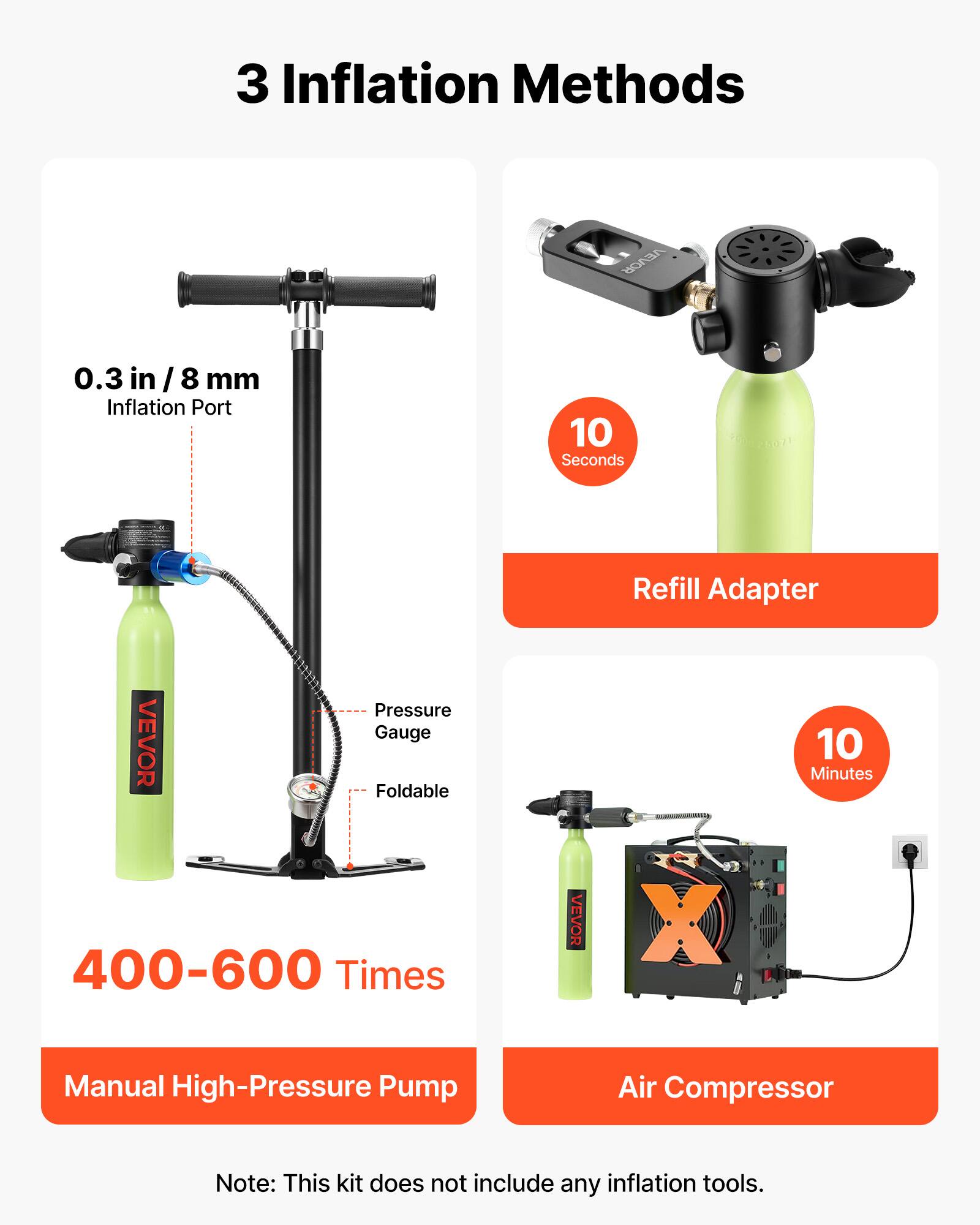 3 Inflation Methods

- 0.3 in / 8 mm Inflation Port
- 10 Seconds Refill Adapter
- 10 Minutes 400-600 Times

VEVOR X Manual High-Pressure Pump Air Compressor

Note: This kit does not include any inflation tools.