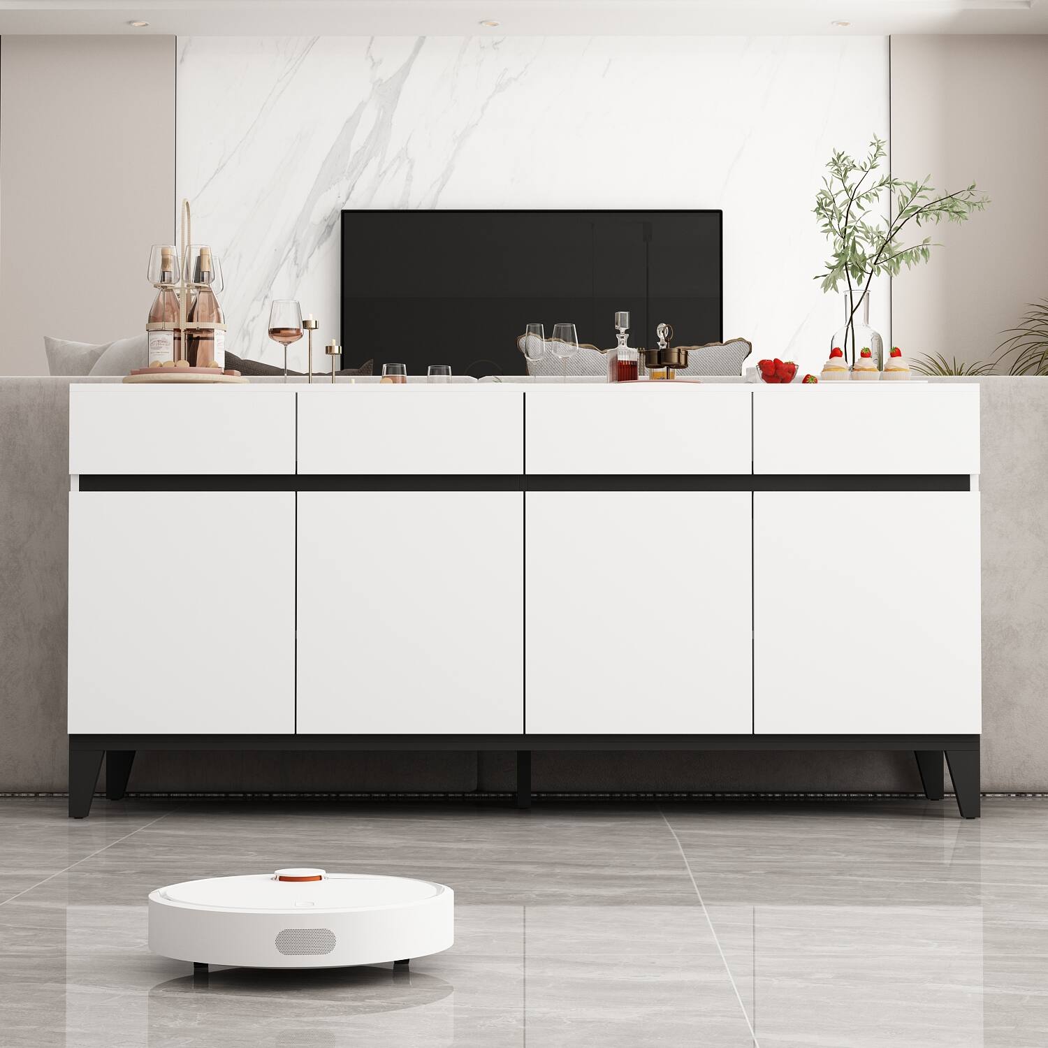Front. FUFU & GAGA - Modern Buffet Sideboard Cabinet with Drawers and Adjustable Storage for Dining Room Kitchen and Living Room - White.