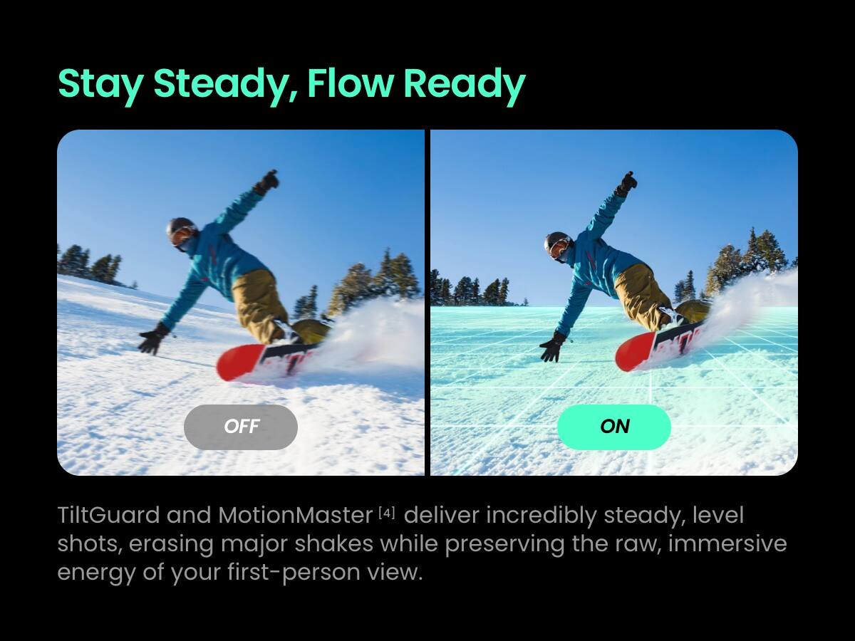 Stay Steady, Flow Ready

OFF ON

TiltGuard and MotionMaster [4] deliver incredibly steady, level shots, erasing major shakes while preserving the raw, immersive energy of your first-person view.