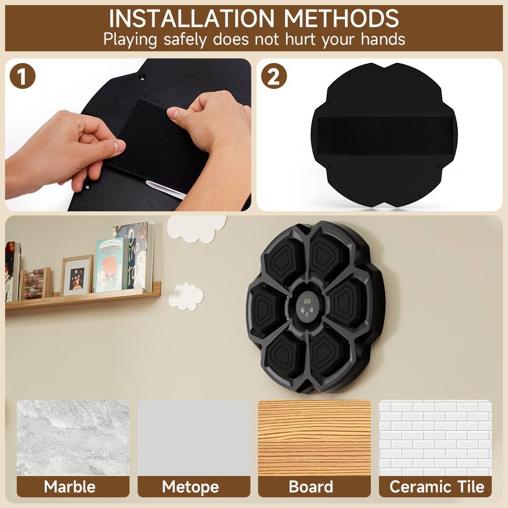 **INSTALLATION METHODS**  
Playing safely does not hurt your hands

1. [Image of hands installing a black mat]

2. [Image of a black circular mat]

**Materials:**
- Marble
- Metope
- Board
- Ceramic Tile