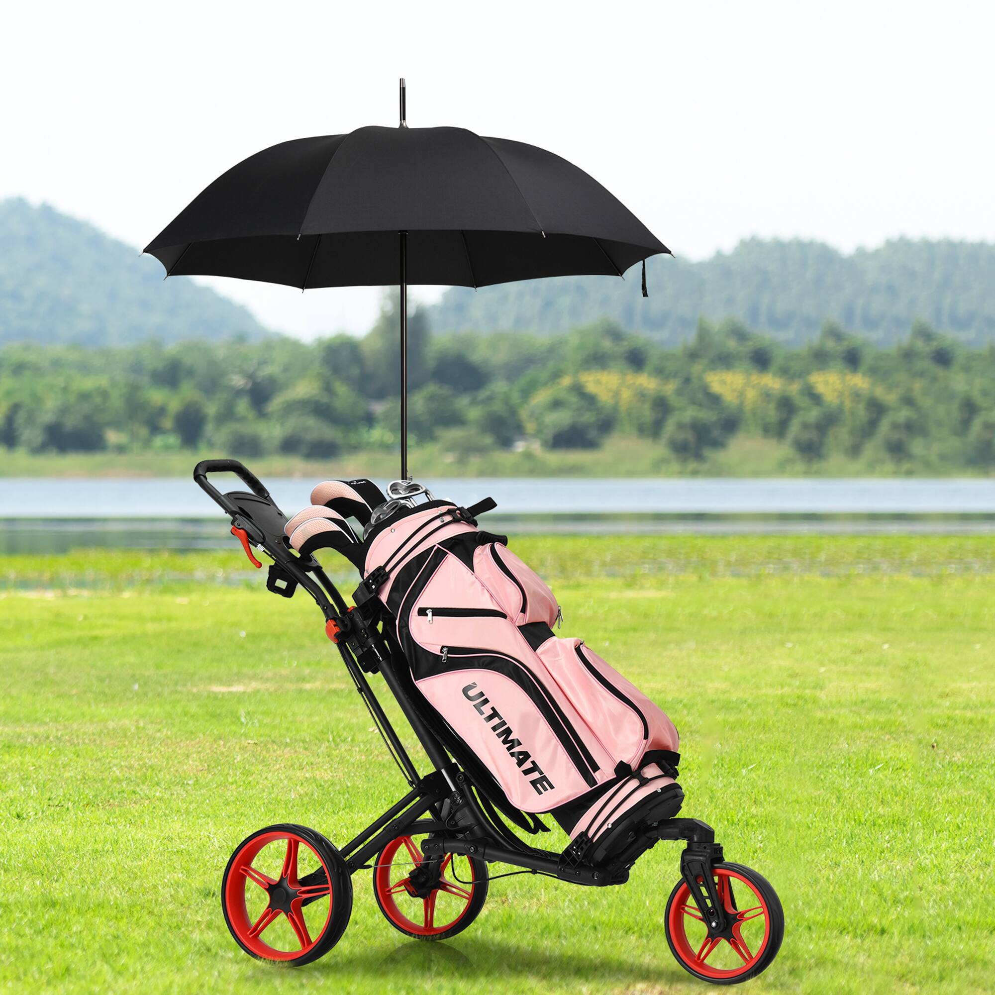 Alt View 2. Gymax - Gymax 3 Wheels Foldable Golf Push Pull Cart Trolley w/ Adjustable Handle Brake Red - Red.
