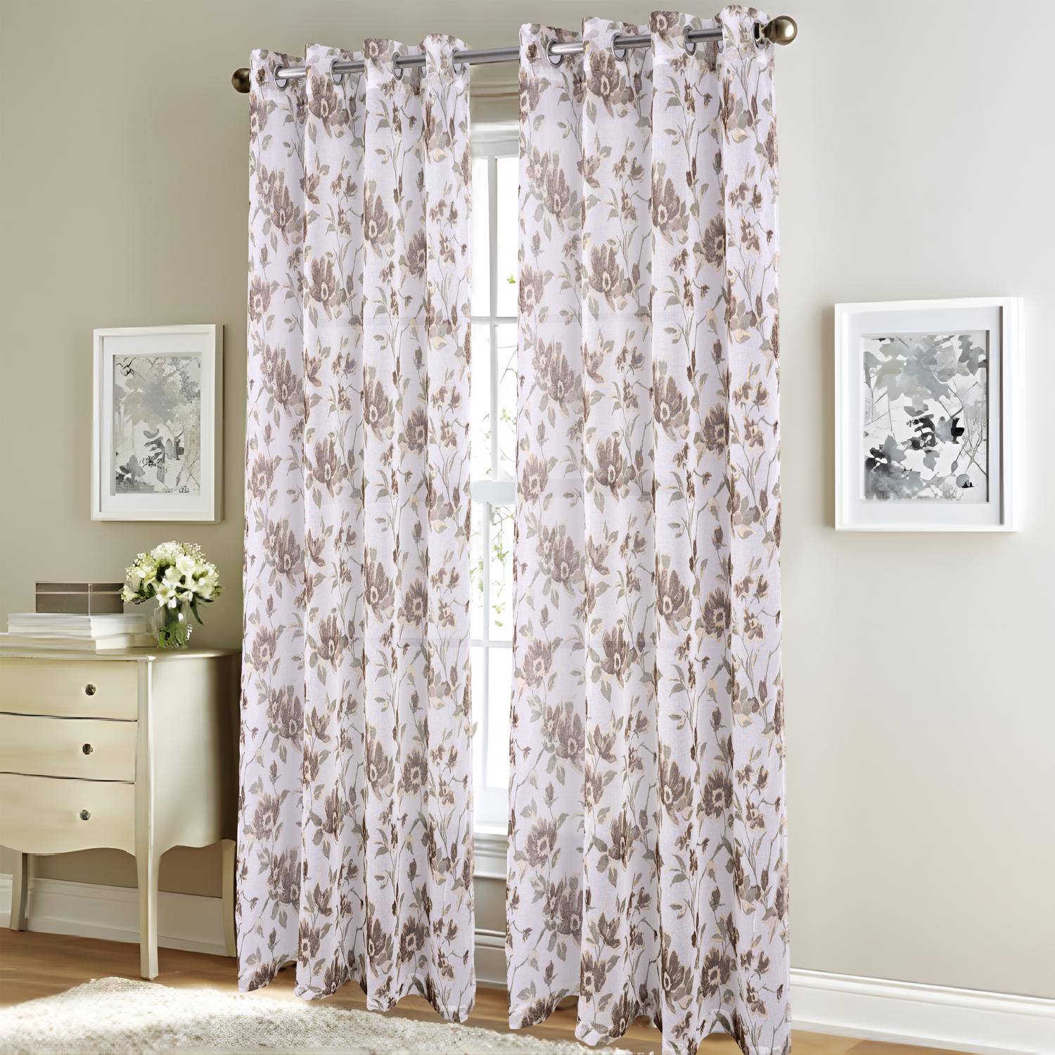 Angle. RT Designers Collection - RT Designers Collection Meadow Grommet Metallic Sheer Printed Doily Curtain Panel 54" x 95" Taupe - Taupe.