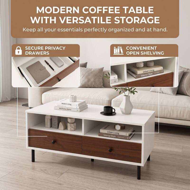 MODERN COFFEE TABLE WITH VERSATILE STORAGE  
Keep all your essentials perfectly organized and at hand.

SECURE PRIVACY DRAWERS  
CONVENIENT OPEN SHELVING

Urban Living Interior Style  
Modern Living Aesthetic Home
