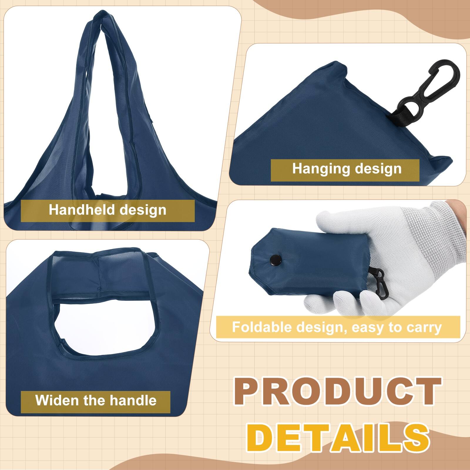 Hanging design  
Handheld design  
Foldable design, easy to carry  
Widen the handle  

PRODUCT DETAILS