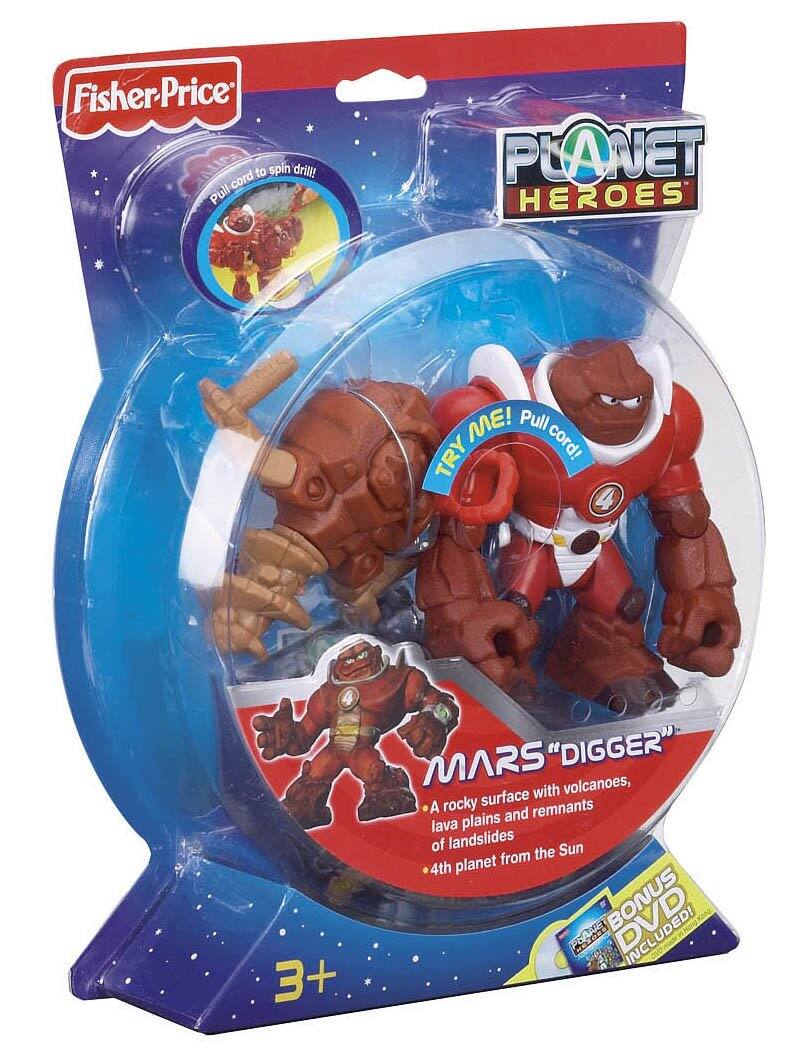 Fisher-Price  
PLANET HEROES  

MARS "DIGGER"  
- A rocky surface with volcanoes, lava plains and remnants of landslides  
- 4th planet from the Sun  

TRY ME! Pull cord!  
Pull cord to spin drill!  

BONUS DVD INCLUDED!  

3+