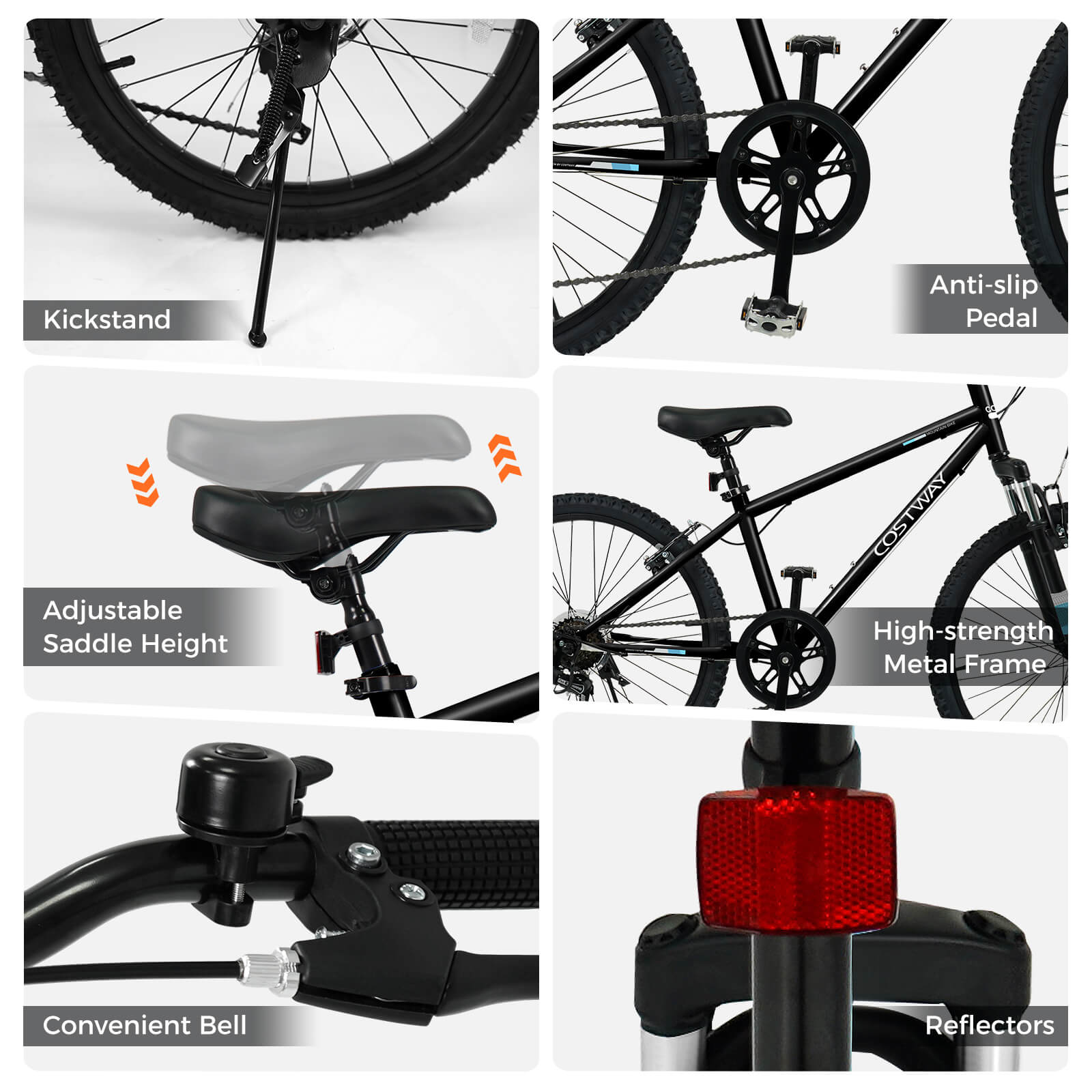 - Kickstand
- Anti-slip Pedal
- Adjustable Saddle Height
- High-strength Metal Frame
- Convenient Bell
- Reflectors