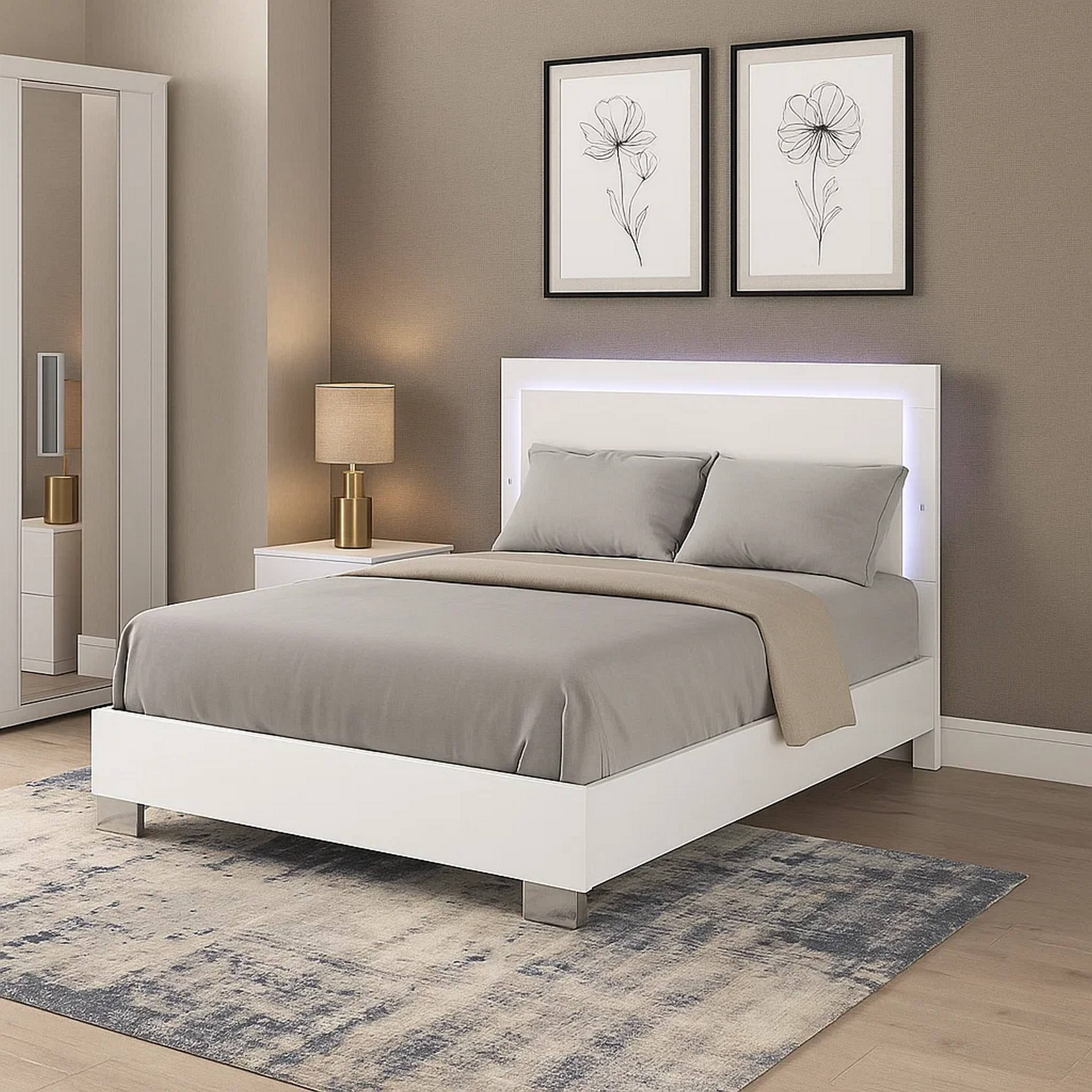 Alt View 6. Manhattan Lane - Suni Queen Size Bed w LED on Headboard, White Wood Frame, Chrome Legs - White, Chrome Silver.
