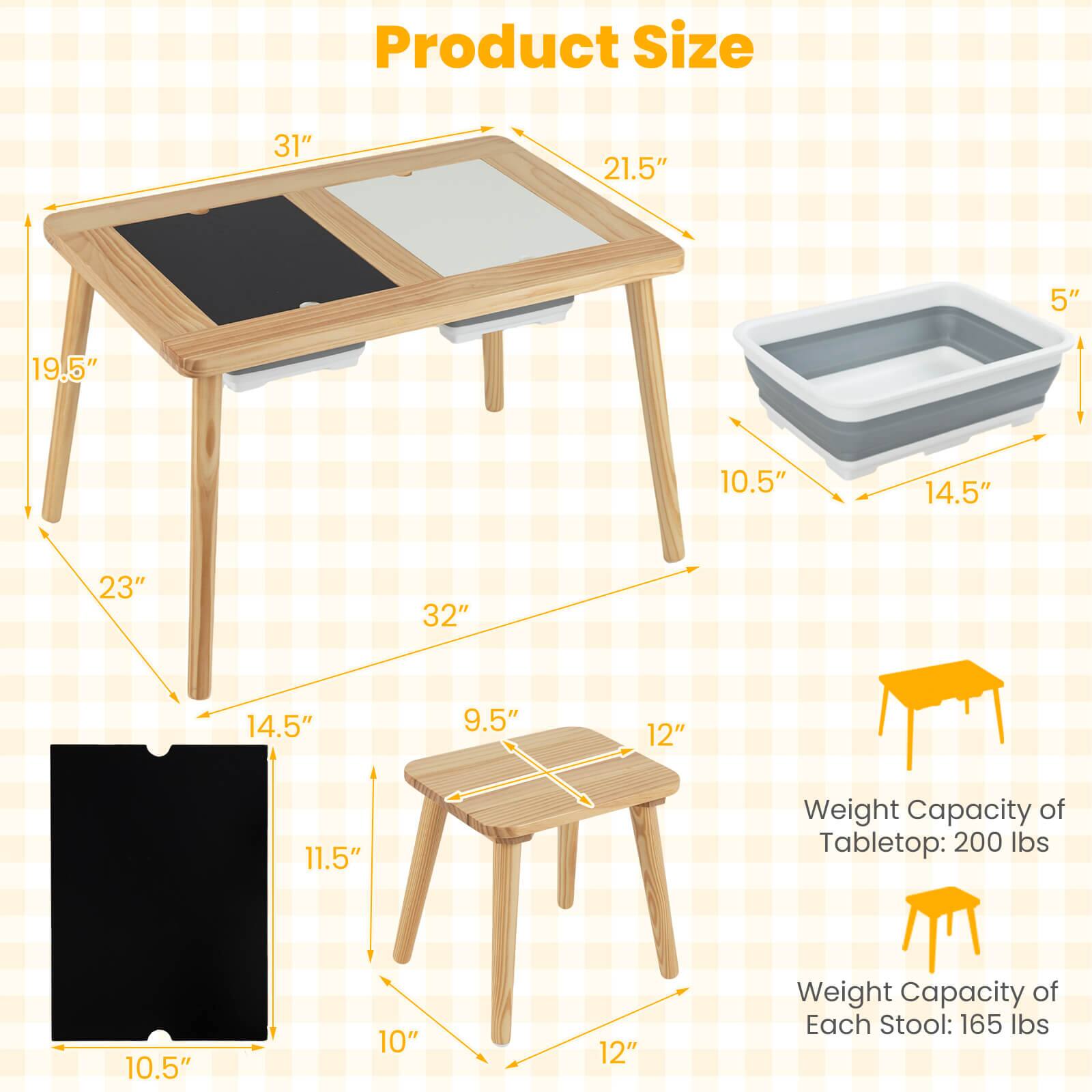 Product Size  
31" x 21.5" x 19.5"  
5" x 10.5" x 14.5"  
23" x 32" x 14.5"  
9.5" x 12" x 11.5"  

Weight Capacity of Tabletop: 200 lbs  
Weight Capacity of Each Stool: 165 lbs
