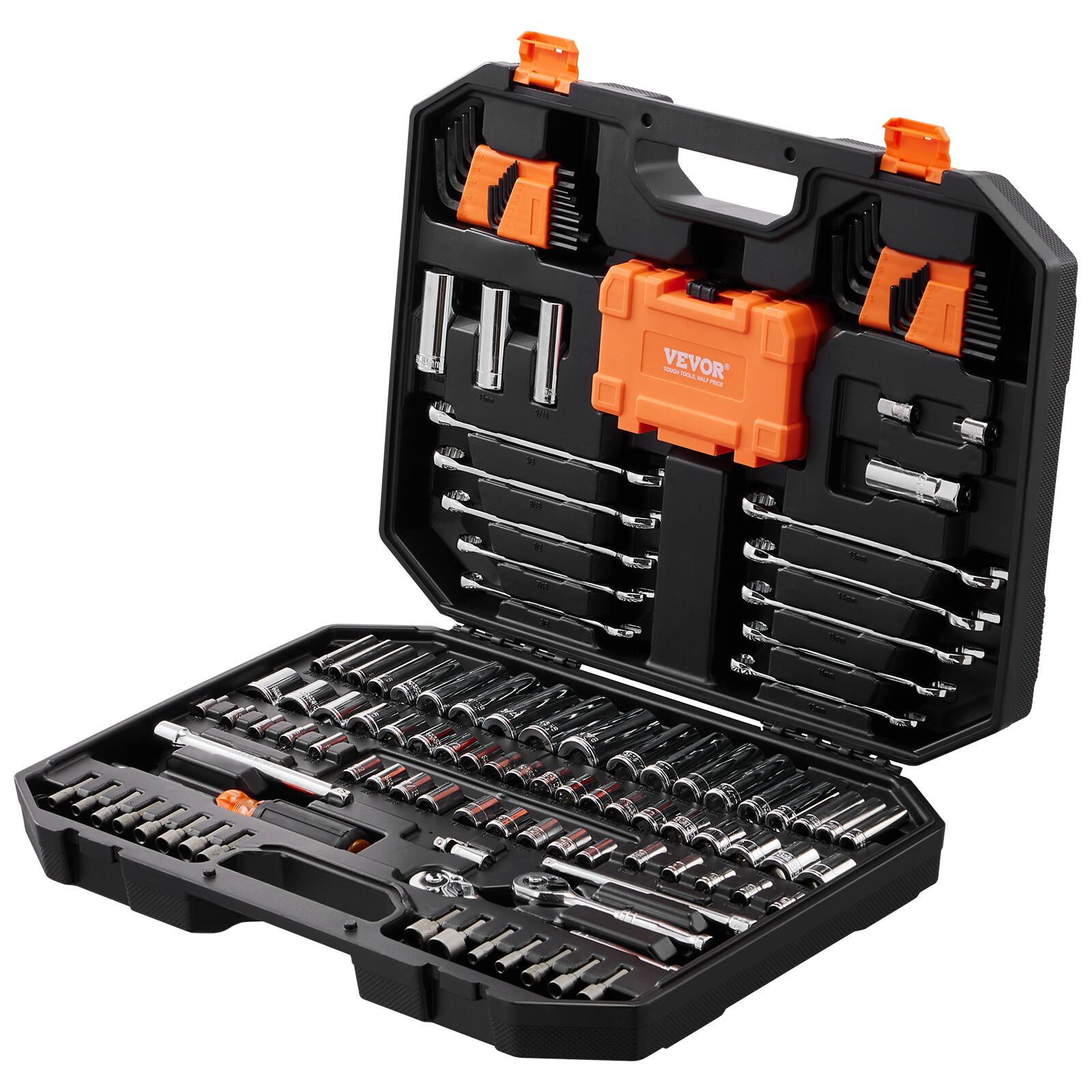Alt View 5. VEVOR - Mechanics Tool and Socket Set, 1/4" and 3/8" Drive Deep and Standard Sockets, 145 Pcs SAE and Metric Mechanic Tool Kit - Black.