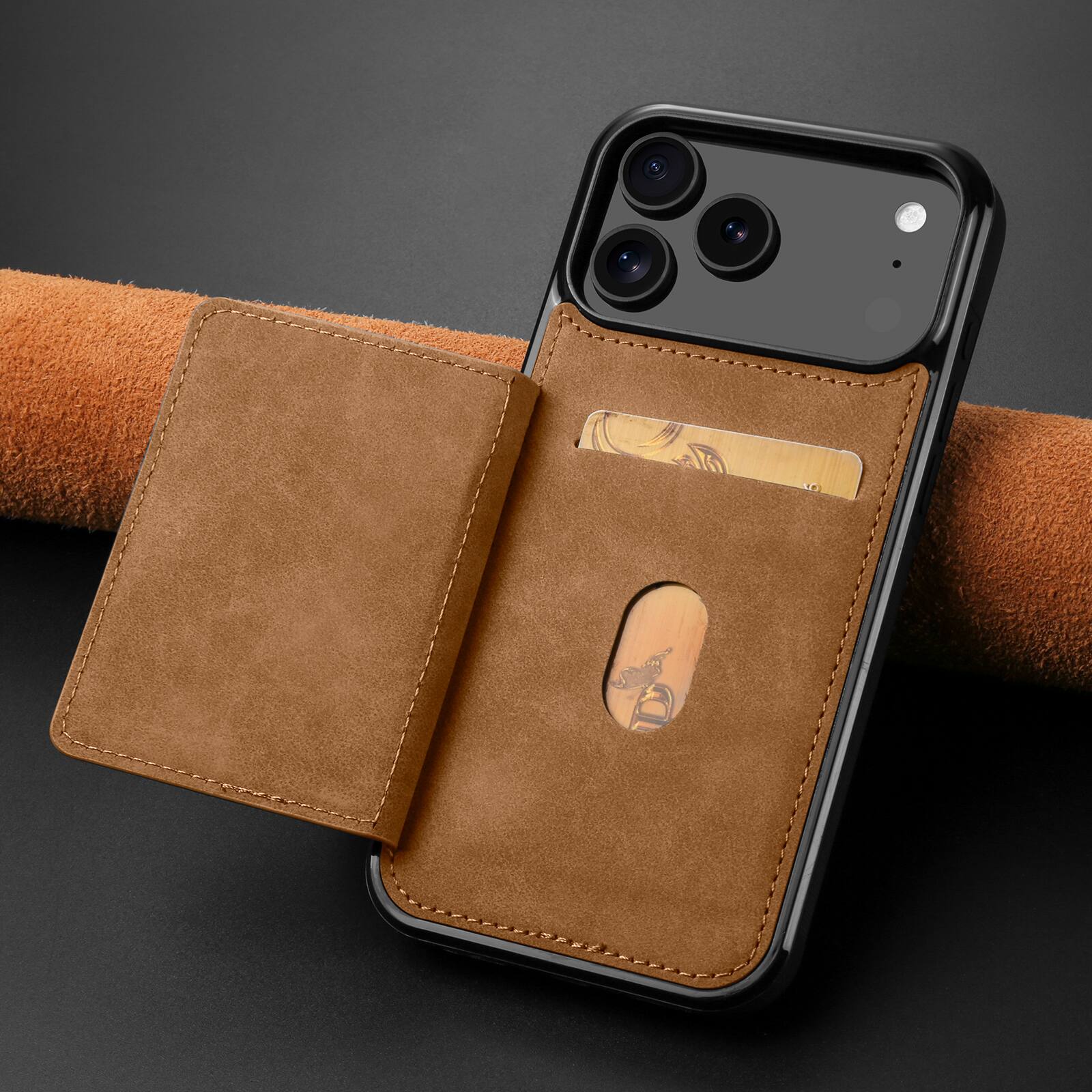 Angle. Dteck - Dteck RFID Blocking Back Wallet Case for iPhone 17 Pro Max, Shockproof PU Leather Kickstand Rugged Cover - Brown.