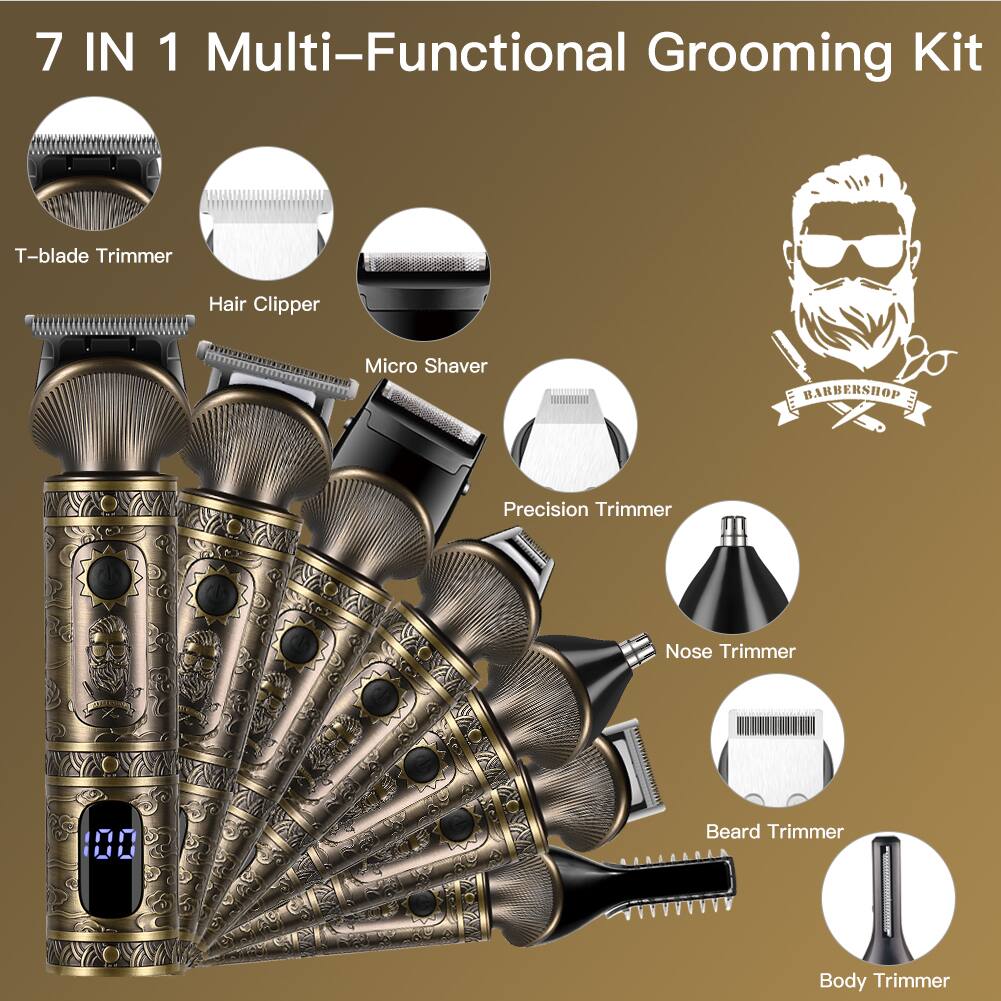 7 IN 1 Multi-Functional Grooming Kit

- T-blade Trimmer
- Hair Clipper
- Micro Shaver
- Precision Trimmer
- Nose Trimmer
- Beard Trimmer
- Body Trimmer