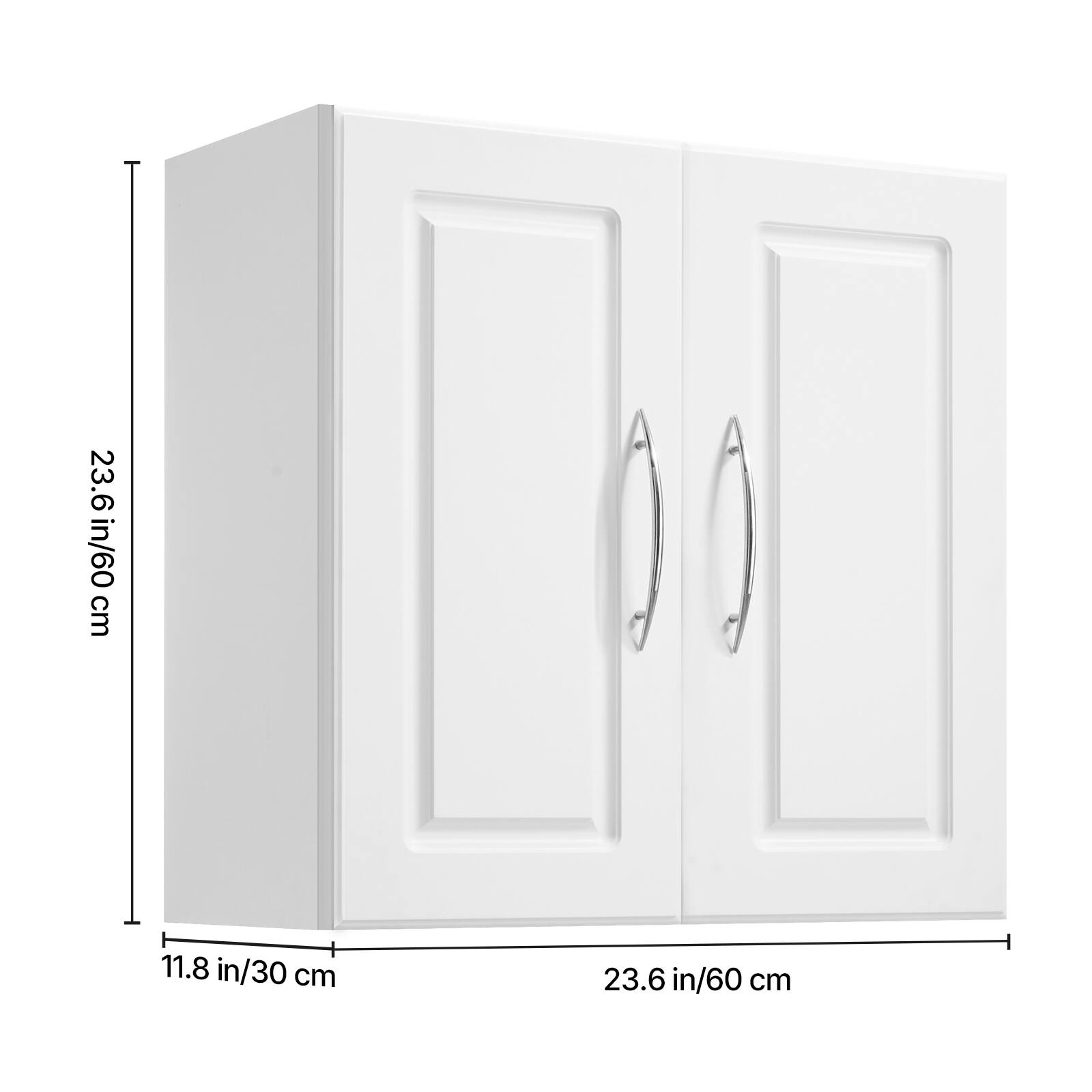 The corrected text is:

- Height: 23.6 in / 60 cm
- Width: 23.6 in / 60 cm
- Depth: 1.8 in / 30 cm