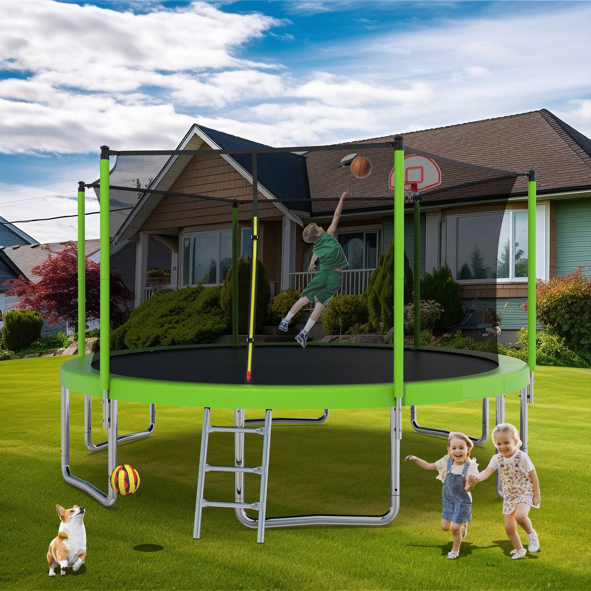 Front. Aukfa - 14FT Trampoline with Basketball Hoop - Safety Enclosure for Kids & Adults, Backyard Outdoor Use.