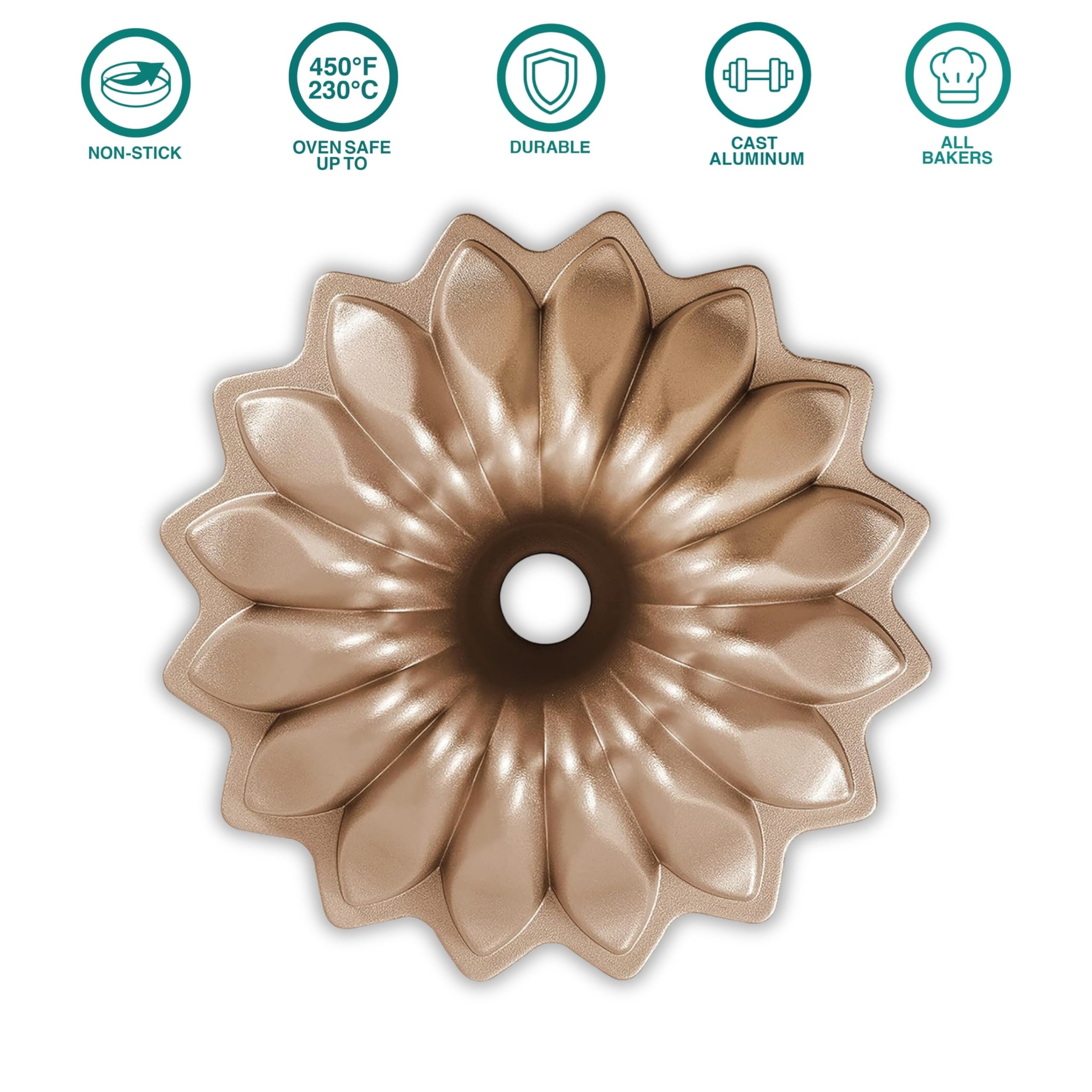 - Non-Stick
- Oven Safe up to 450°F / 230°C
- Durable
- Cast Aluminum
- All Bakers