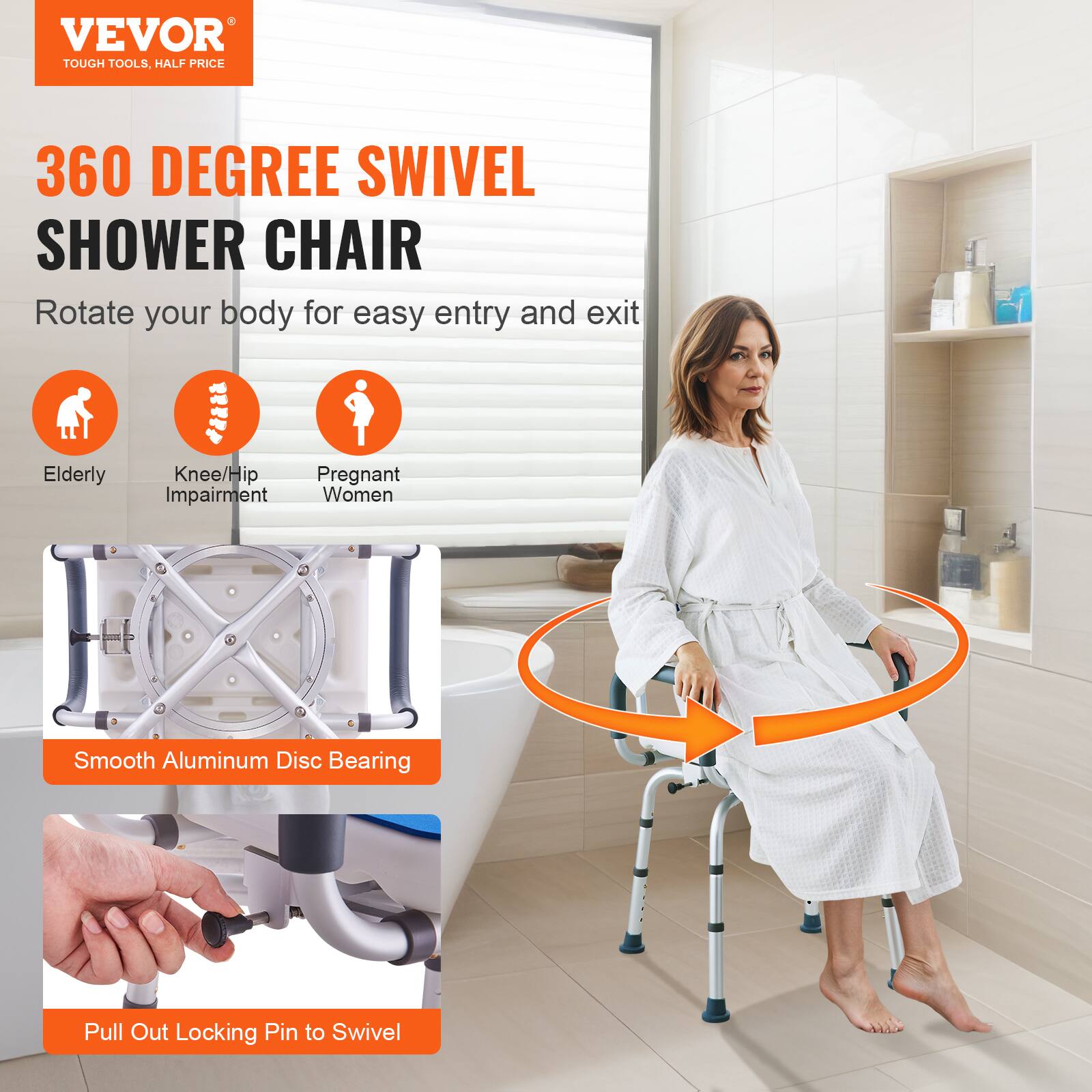 VEVOR TOUGH TOOLS, HALF PRICE 360 DEGREE SWIVEL SHOWER CHAIR
Rotate your body for easy entry and exit
Elderly Knee/Hip Impairment Pregnant Women
Smooth Aluminum Disc Bearing
Pull Out Locking Pin to Swivel