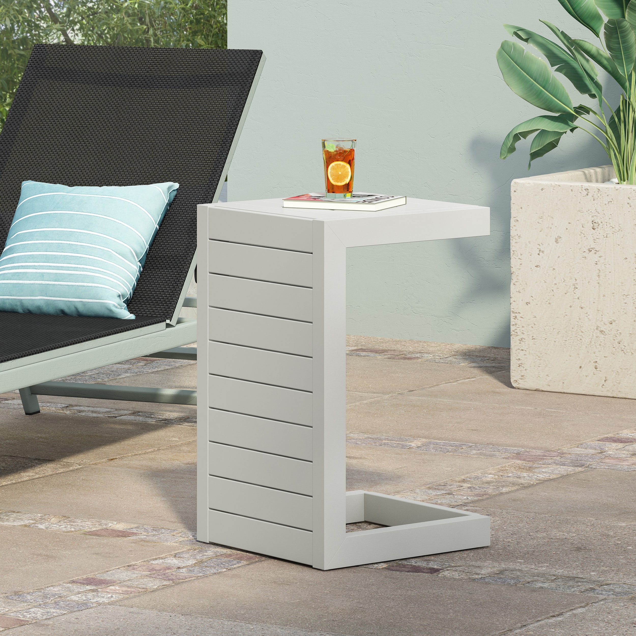 Mondawe - C-Shaped Aluminum Outdoor Side Table - White