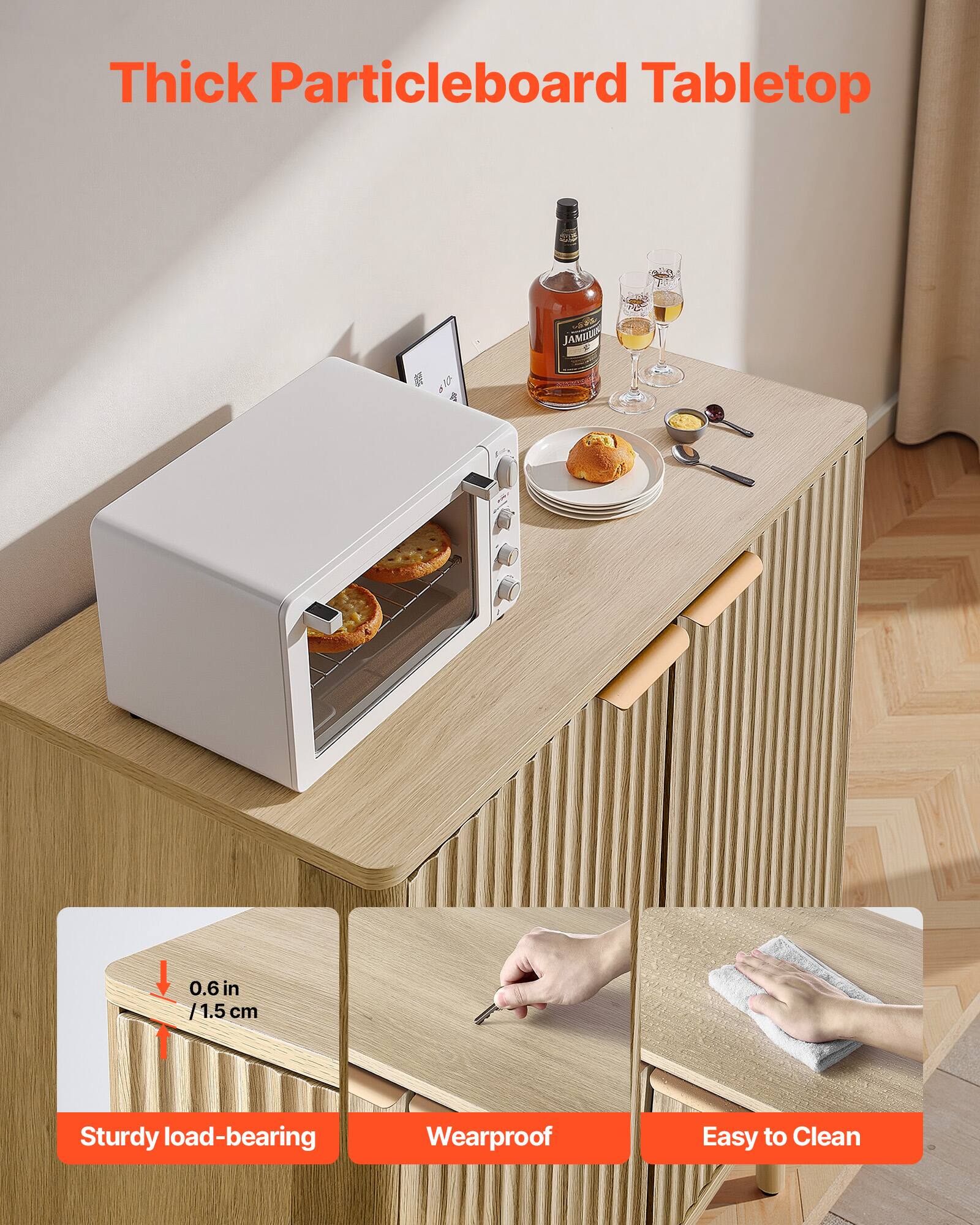 Thick Particleboard Tabletop

0.6 in / 1.5 cm

Sturdy load-bearing
Wearproof
Easy to Clean