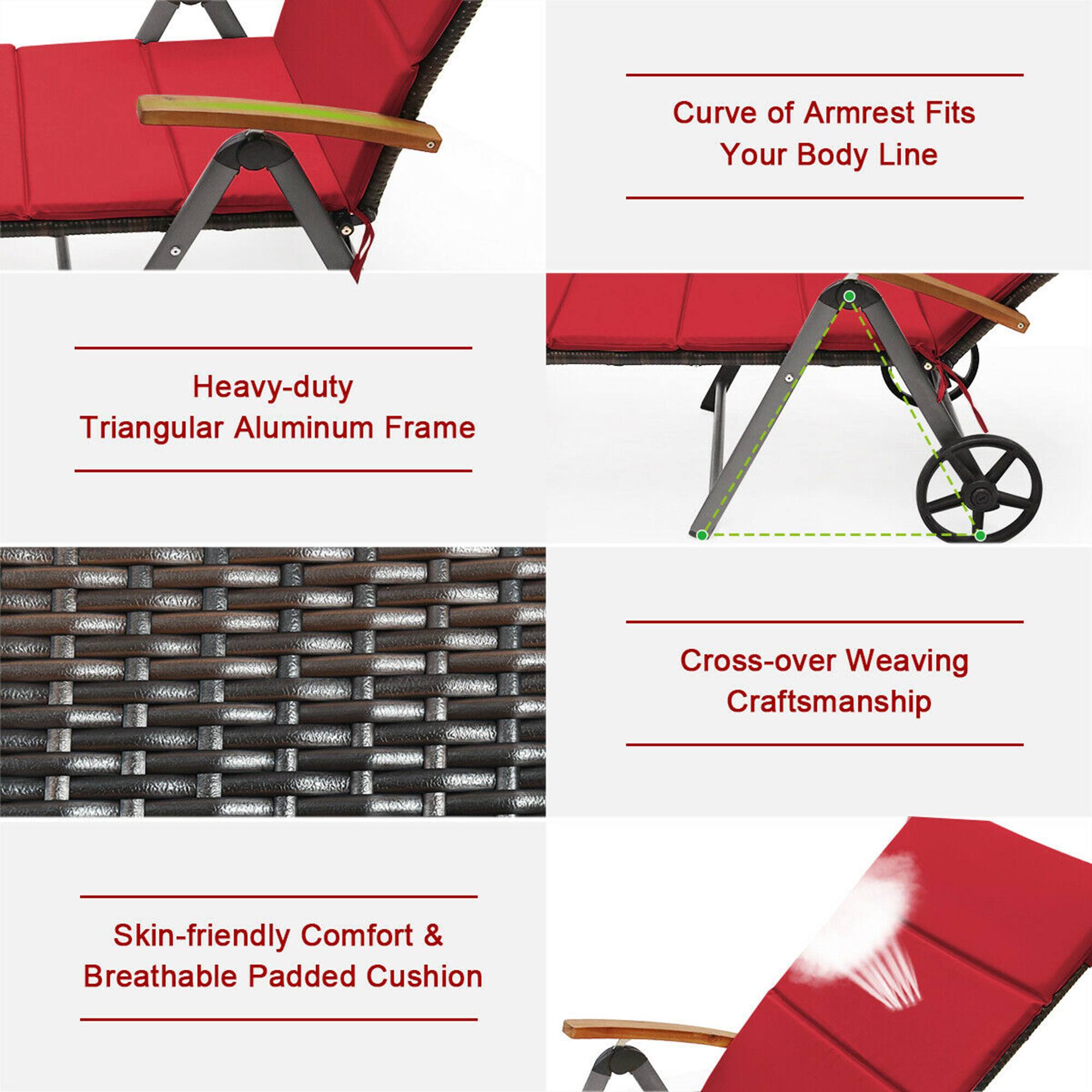 - Curve of Armrest Fits Your Body Line
- Heavy-duty Triangular Aluminum Frame
- Cross-over Weaving Craftsmanship
- Skin-friendly Comfort & Breathable Padded Cushion