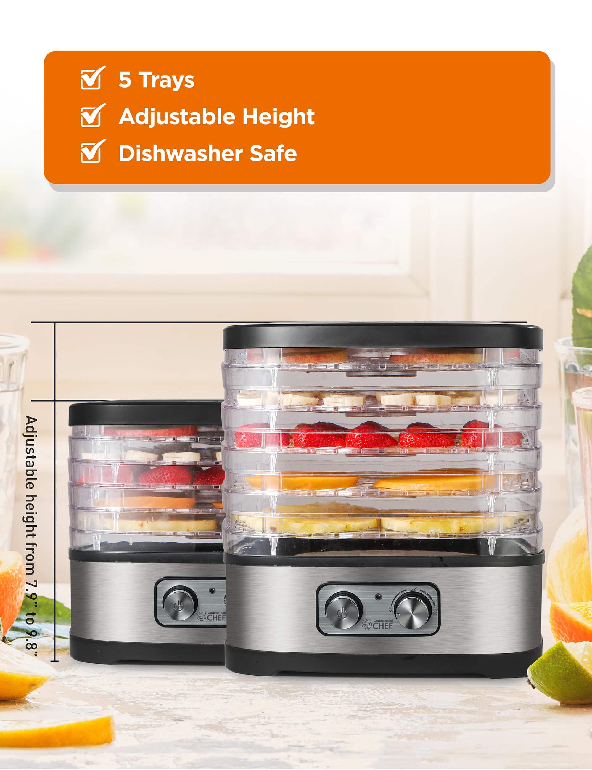 5 Trays, Adjustable Height, Dishwasher Safe, Adjustable height from 7.9" to 9.8"