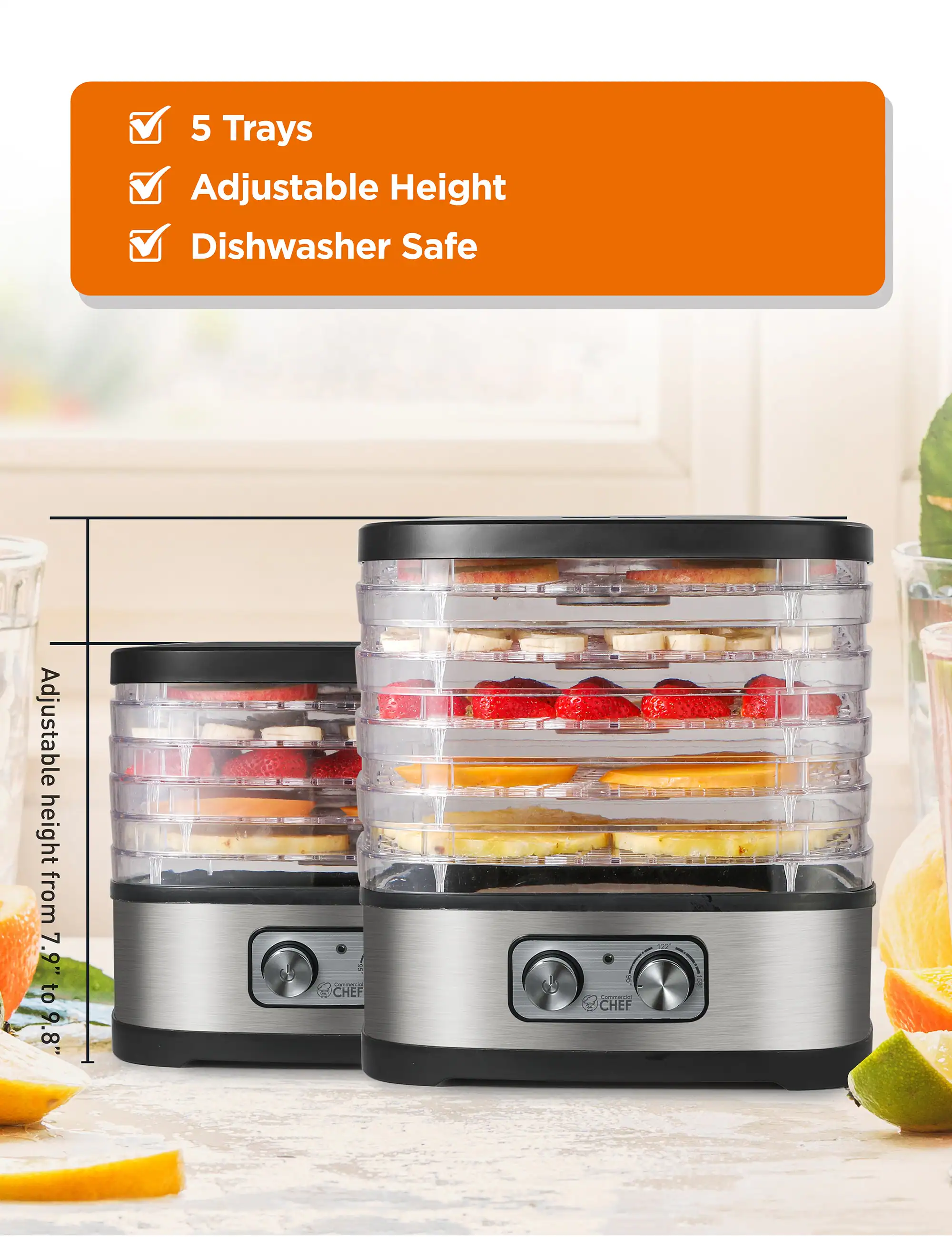 5 Trays, Adjustable Height, Dishwasher Safe, Adjustable height from 7.9" to 9.8"