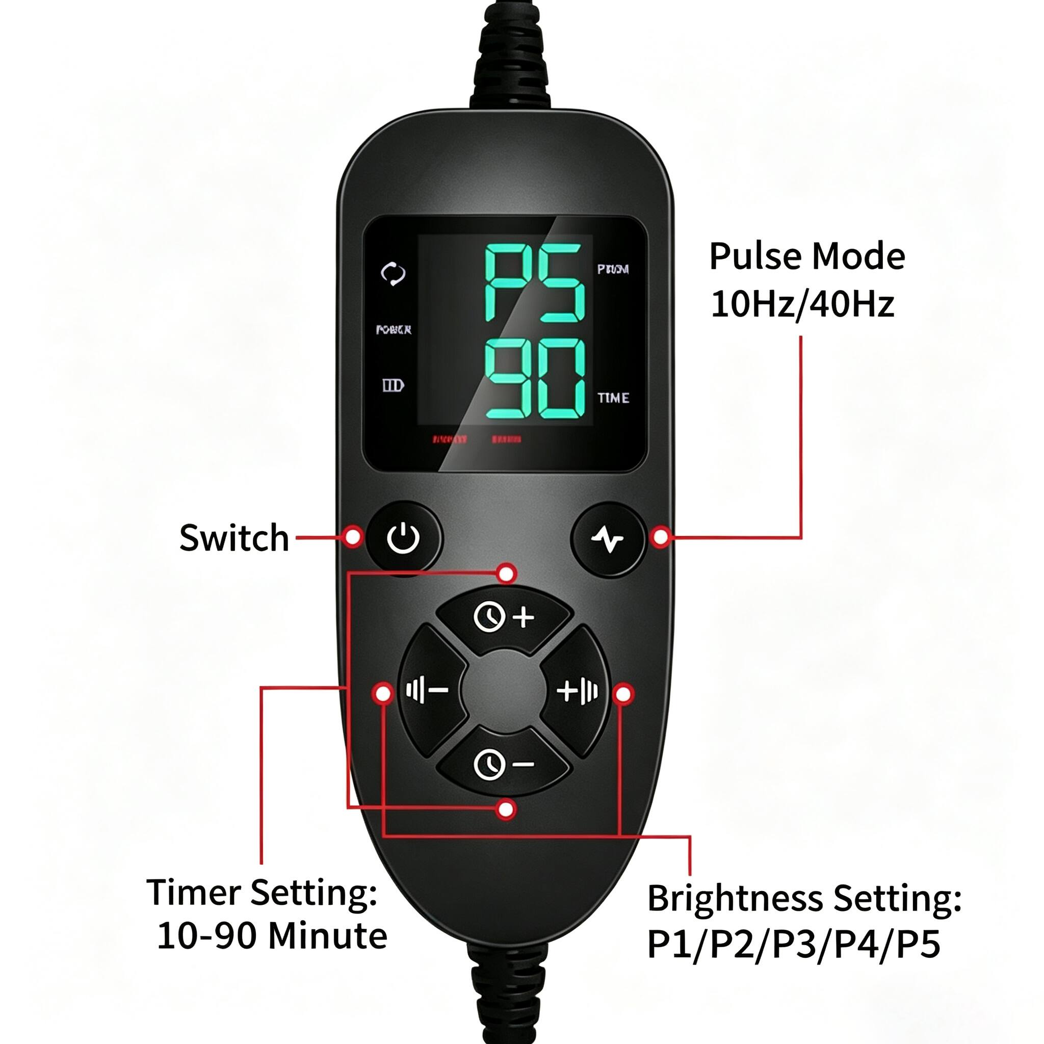 Switch  
POWER   IID DAVANT  +0  
PROM TIME  
Pulse Mode 10Hz/40Hz  
-0  
Timer Setting: 10-90 Minute  
Brightness Setting: P1/P2/P3/P4/P5