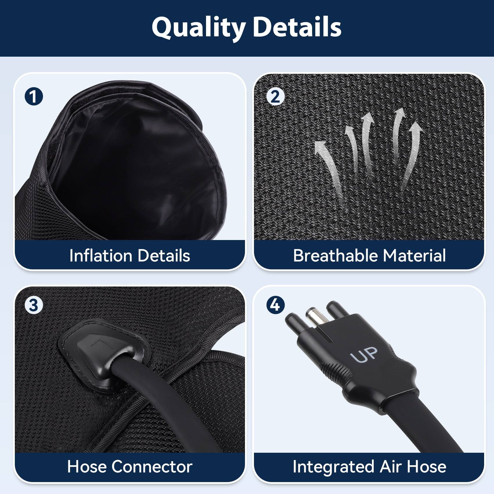 Quality Details
1. Inflation Details
2. Breathable Material
3. Hose Connector
4. Integrated Air Hose